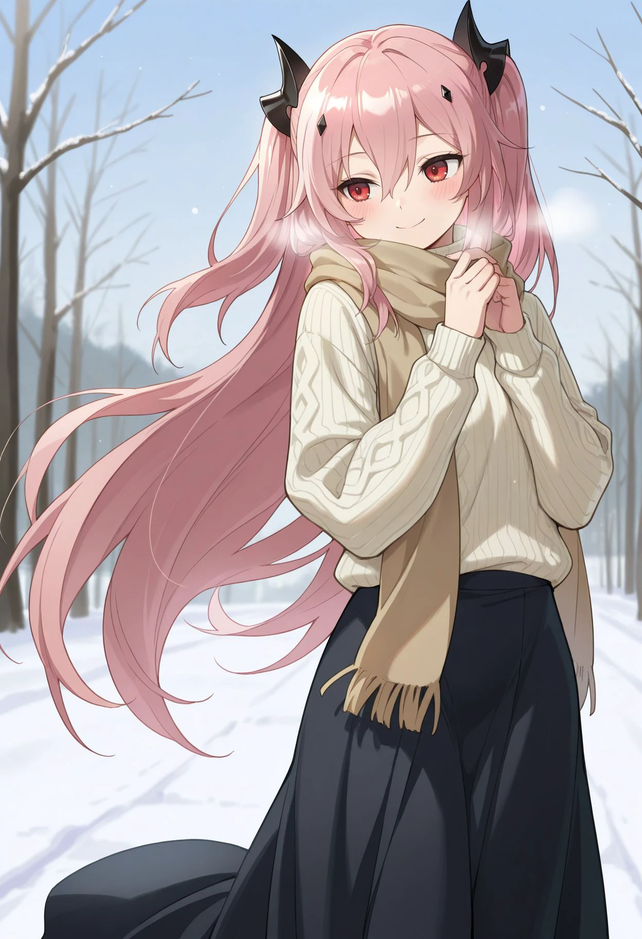 masterpiece, best quality, very aesthetic, highres, highres, absurdres
<lora:Krul Tepes Illu :1>Kkrul, red eyes, pink hair, long hair, two side up, black hair ornament, turtleneck sweater, long skirt, outdoors, scarf, winter, smile, blush