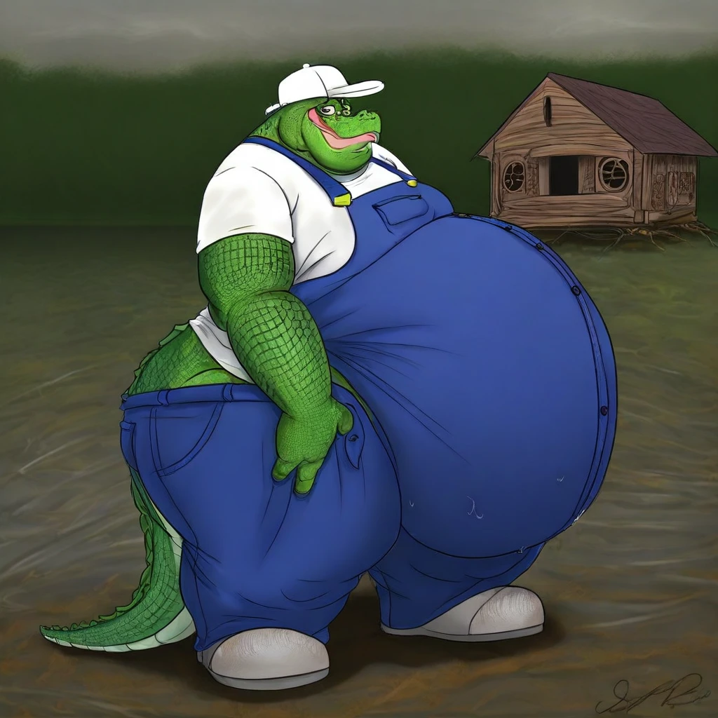 Crocodile, fat neck, small face, big belly, abnormally obese, body is swollen like a mountain, bulging belly, reclining on his back, panting