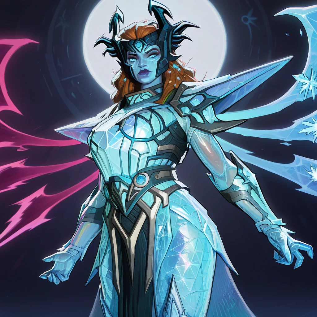 <lora:rivals:1>, mrvlrvls, solo,1girl, frozen armor, wilds hair, blue eyes, spectral wings, dark goddess