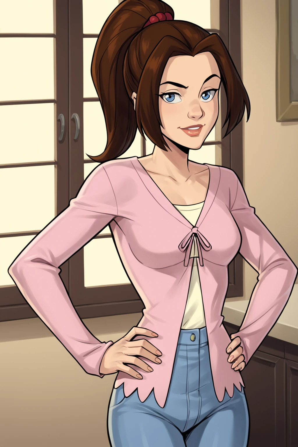 PonyXLV6_Scores BREAK ((parody), perfect anatomy, perfect eyes, cowboy shot) <lora:add_details_xl:0.8> BREAK <lora:Shadowcat_-_X-Men_Evolution:0.8> kitty pryde, brown hair, ponytail, blue eyes, flirting, raised eyebrow, ((looking at viewer)), long sleeves, pink cardigan, hair ornament, capri pants, jeans, medium breasts, curvy, toned, athletic, sexually suggestive pose, standing, hands on hip, indoors