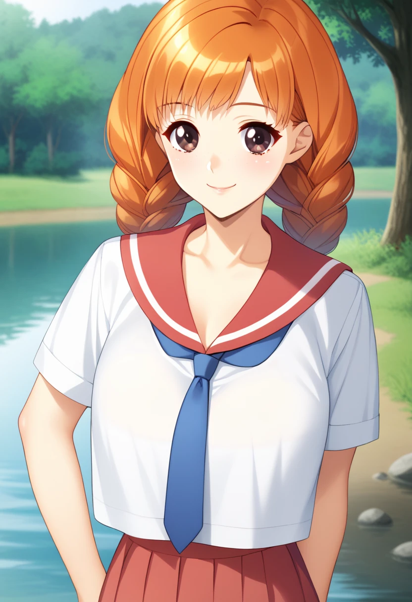 score_9, score_8_up, score_7_up, BREAK 1girl, nishiku,brown eyes,orange hair,twin braids,black hair ribbon,white shirt,short sleeves,red collar,blue necktie,red skirt,serafuku,field,creek,forest,smiling,<lora:Nishima_kur:1>