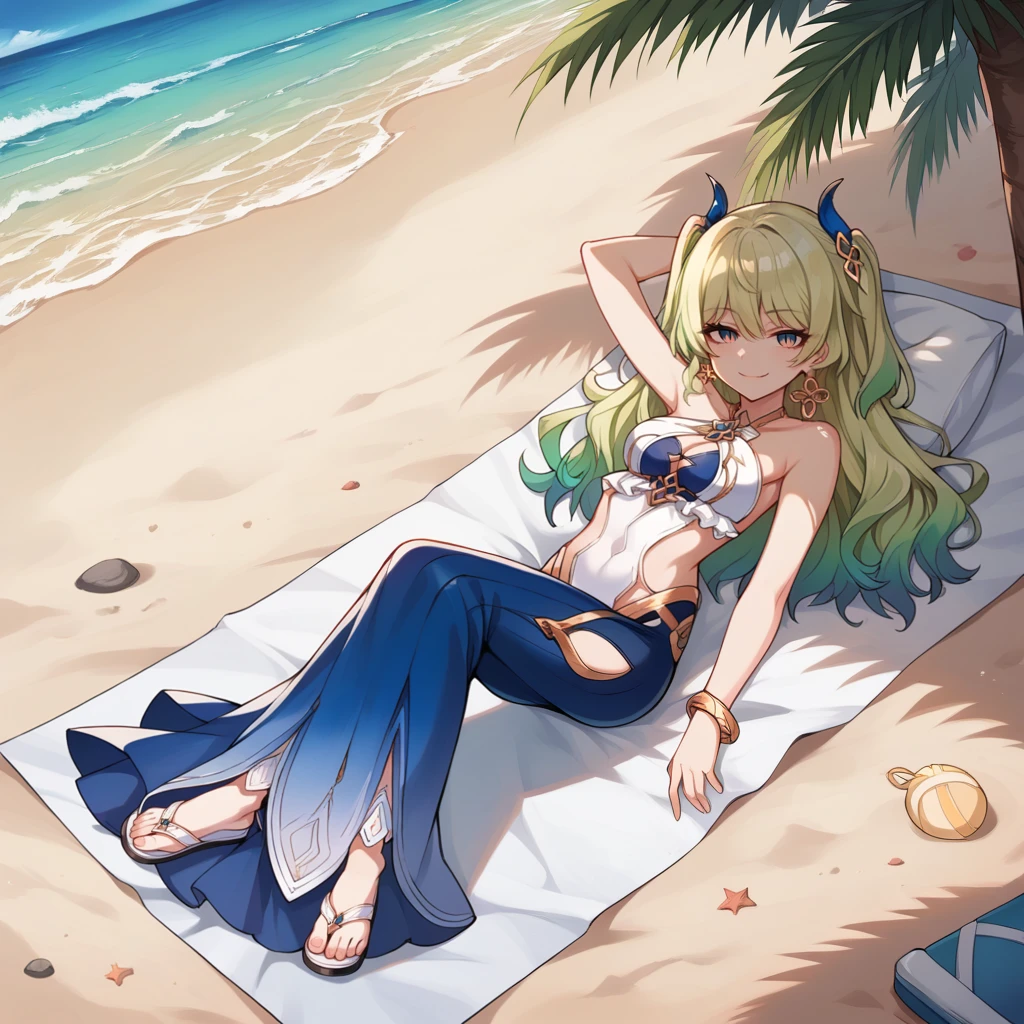 score_9_up, score_8_up, score_7_up, source_anime, 1girl, solo, beach, ocean, outdoors, palm trees, rocks, pebbles, detailed background, day, sun, sky, clouds,
lying on back on towel, from above, looking at viewer, smug smile, bend knees, feet, white sandals, head on pillow, under umbrella, shadow, full body, angled shot,
Mobius, Mb_Swm, green hair, wavy hair, gradient hair, two side up, horn hair ornament, gradient eyes, slit pupils, alt single earring, jewelry, white one-piece swimsuit, frilled swimsuit, cleavage cutout, cleavage, blue breast strap, halterneck, bare shoulders, sideless swimsuit, bracelet, thigh cutout, clothing cutout, long skirt, blue skirt,