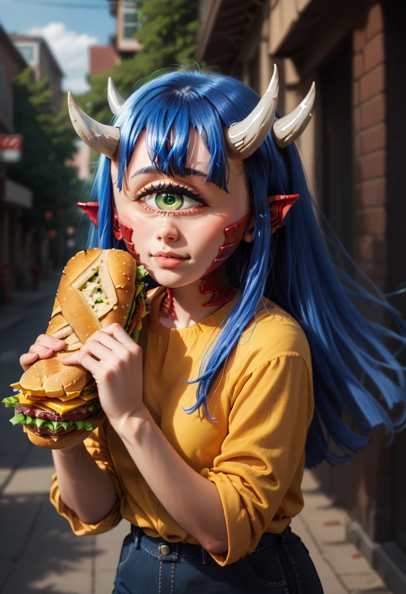 1girl, Caco-chan, solo, horns, green eyes, cyclops, blue hair, long hair, holding sandwich long bread, cute, looking at viewer, top, shorts, <lora:Caco-chanPonyV6:1>, score_9, score_8_up, score_7_up,