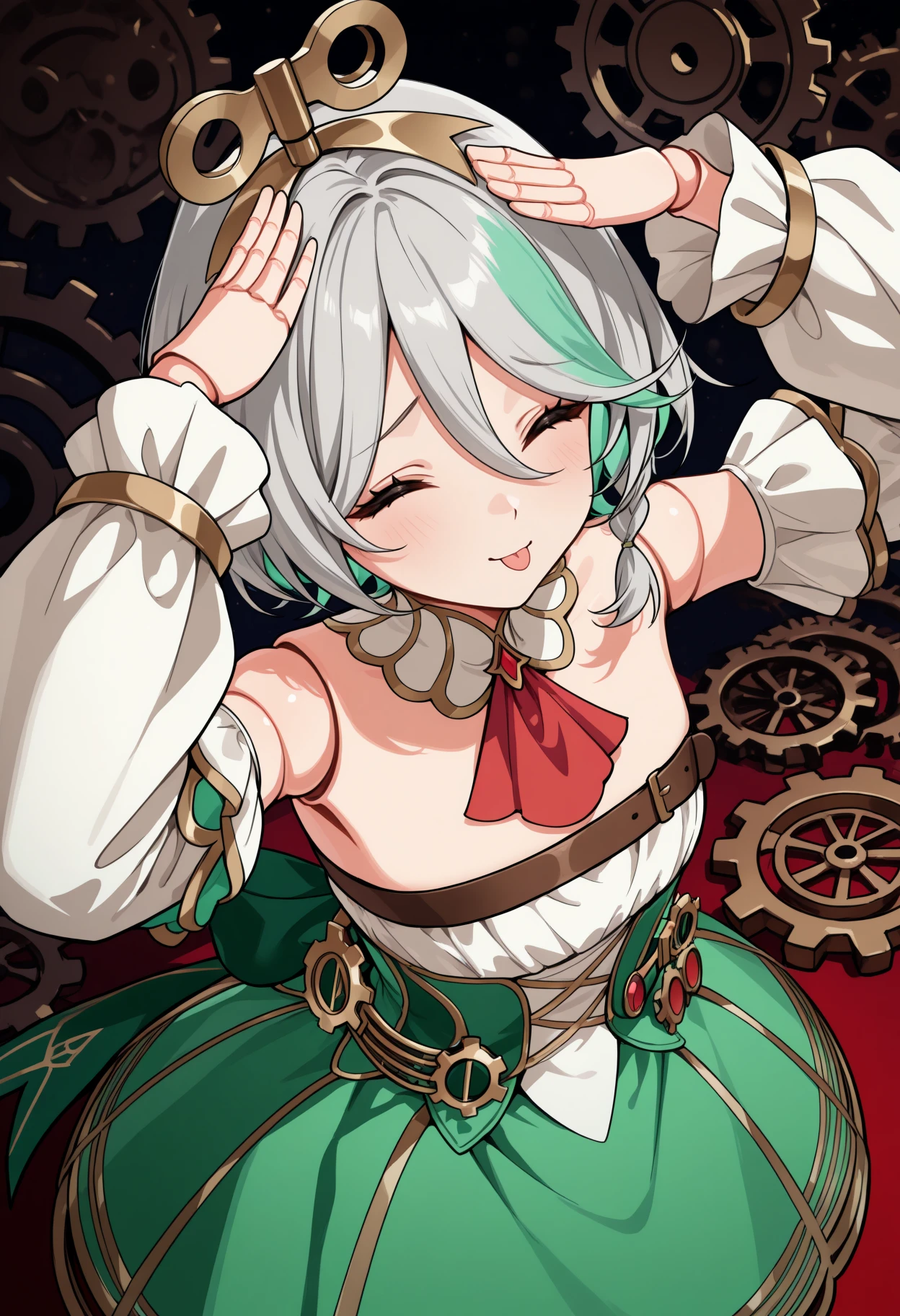 masterpiece, best quality, 1girl, solo, CCec1l1aDef, winding key hair ornament, doll joints, grey hair, colored inner hair, streaked hair, short hair, side braid, detached collar, red ascot, strapless dress, detached sleeves, chest belt, green corset, gears, green skirt, bloomers, white shorts under skirt, gold trim, AhEtoBlehMeme, closed eyes, tongue out, :p, hands on own head, smile, <lora:ChamCeciliaImmergreenV2IllustriousXL:1>, <lora:AhEtoBlehMeme_illusXLNoobAI_Incrs_v1:1>