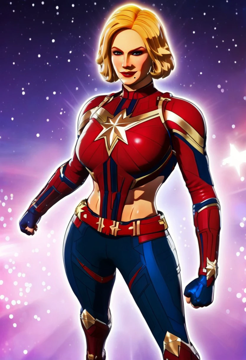 (3d, Cel-Shaded, Marvel What If, Marvel Style, Marvel),
(Captain Marvel, Blonde, Beauty Mark, Short Hair, Bob Haircut, Solo, Cleavage, Big Breasts, Abs, Muscular Female, Wide Hips, Huge Ass, Exposed Thighs),
(Red Crop Top, Star Shaped Badge, Gold Belt, Gold Harness, Blue Gloves, Red Belt, Gold Belt Buckle, Flowing Fabric Belt, Boots),
(Lipstick, Makeup, Eyeliner, Black Eye-shadow),
(Eye Contact, Looking At Viewer, Smirking, Flying, Clenching Fist, Smug, Glowing, Sparkles),
(City Shot From Above)