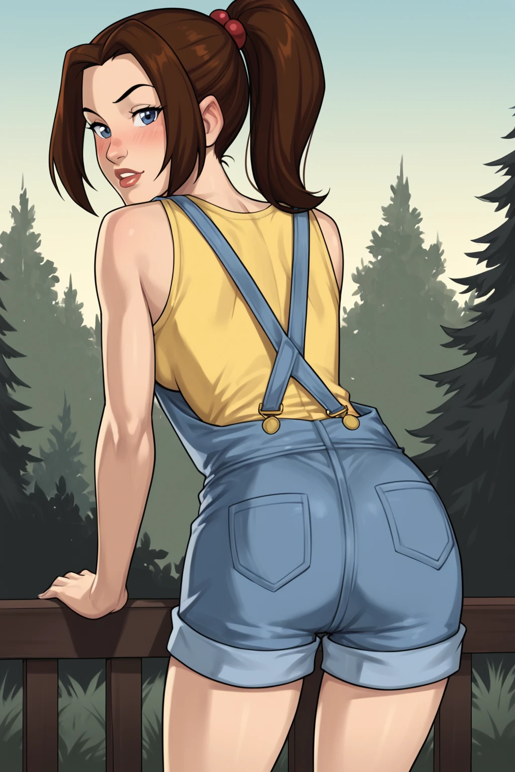 PonyXLV6_Scores BREAK ((parody), perfect anatomy, perfect eyes) <lora:add_details_xl:0.8> BREAK <lora:Shadowcat_-_X-Men_Evolution:0.8> kitty pryde, brown hair, ponytail, blue eyes, raised eyebrow, flirty, blush ((looking back at viewer)), hair ornament, yellow tank top, overalls, overall shorts,, curvy, toned, athletic, sexually suggestive pose, bending over, showing off, outdoors