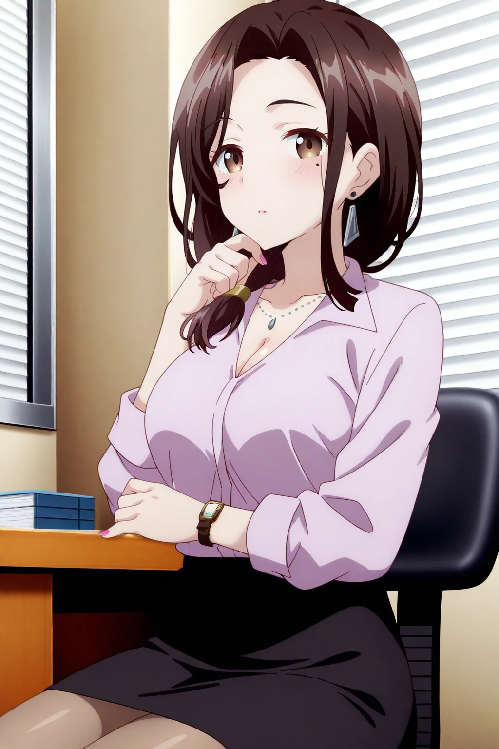 anime screenshot, anime coloring, hige wo soru. soshite joshikousei wo hirou., 1girl, solo, gotou airi, brown hair, long hair, parted bangs, single braid, hair over shoulder, brown eyes, mole, mole under eye, large breasts, cleavage, office lady, purple shirt, collared shirt, long sleeves, sleeves rolled up, black skirt, pencil skirt, light brown pantyhose, earrings, triangle earrings, necklace, wristwatch, pink nails, looking at viewer, hand on own chin, sitting, cowboy shot, indoors, office, office chair, desk, masterpiece, best quality, high quality, highres, absurdres,  <lora:gotou_airi_ILXL:0.9>
