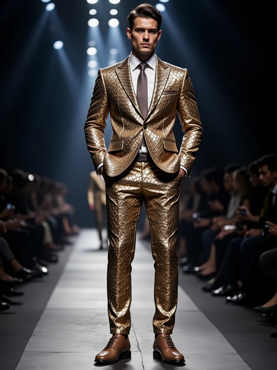 This is a surrealistic art photography photo of a handsome man wearing a metallic snake textured suit as he stands on the runway of a fashion week show, he looks very dominant and majestic.
snake.
