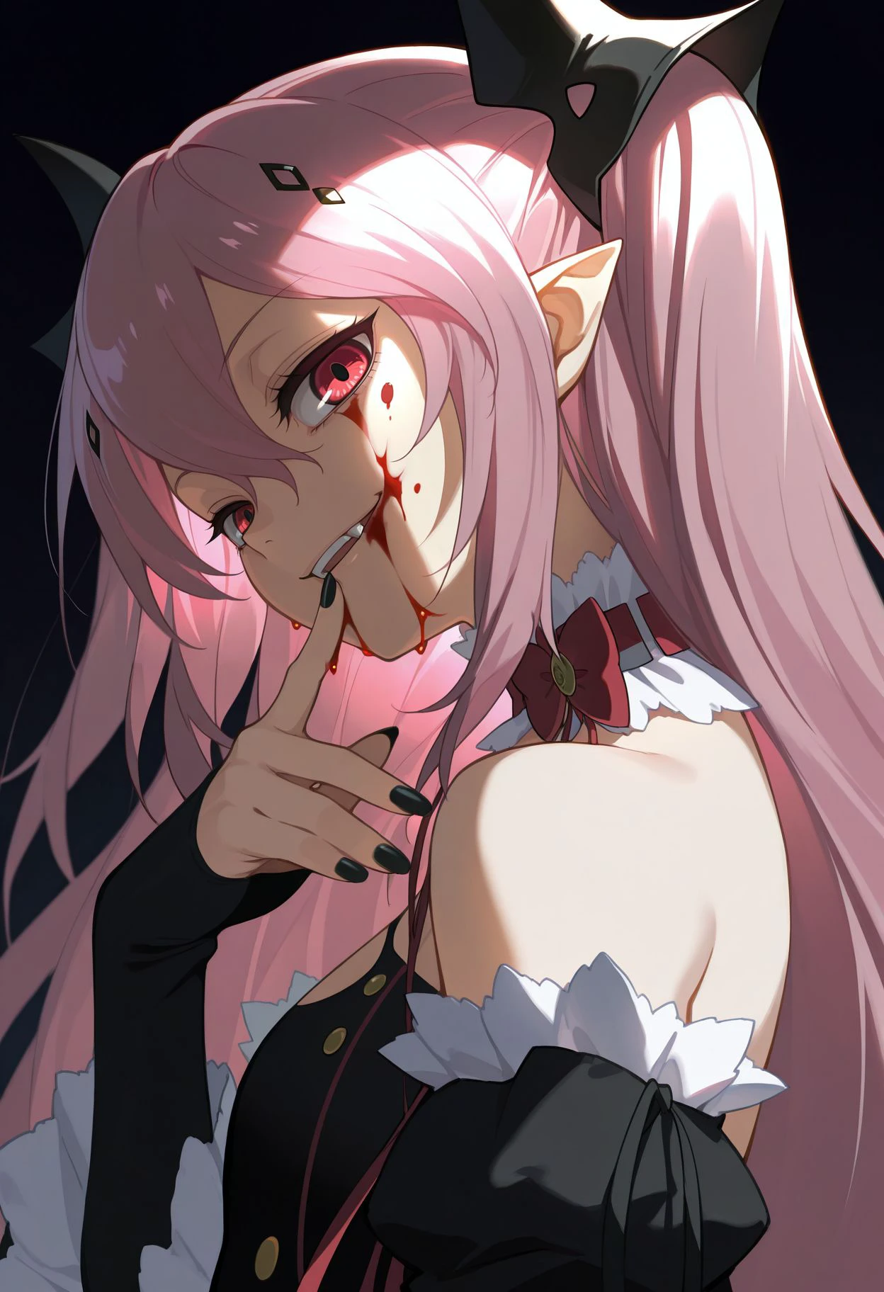 masterpiece, high score, great score, absurdres
black nails, smile, long hair, looking at viewer, closed mouth, nail polish, dark, , evil smile, from side, head tilt, blood on face, open mouth, full teeth <lora:Krul Tepes Illu :1> 1girl, kkrul, pink hair, long hair, two side up, hair ornament, pointy ears, small breasts, frilled choker, red bow, bare shoulders, black dress, detached sleeves, sleeves past wrists. upper body,
<lora:Krul Tepes Illu :1>