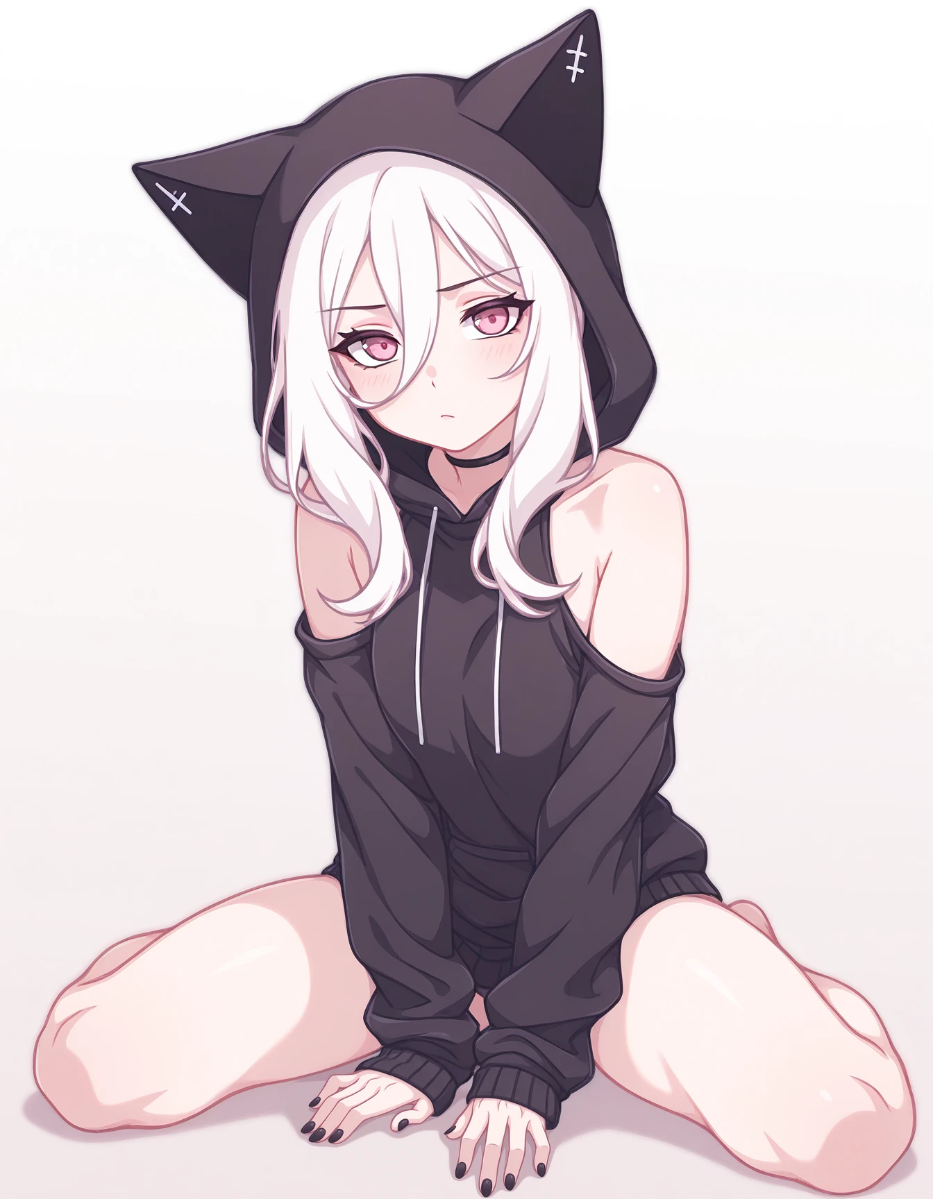 Very Sexy white hair blue eyed cat girl who is sitting on the floor Looking up at you with hungry eyes you can see her full body and she is dressed in a black Huddie dress with the hood on and small brest barly showing out of the unzipped dress, She wants you and only you. she is in heat and wants to mount you. the background is Dark and she wants to sit on your face you can see between her legs, 4k 3840X2160