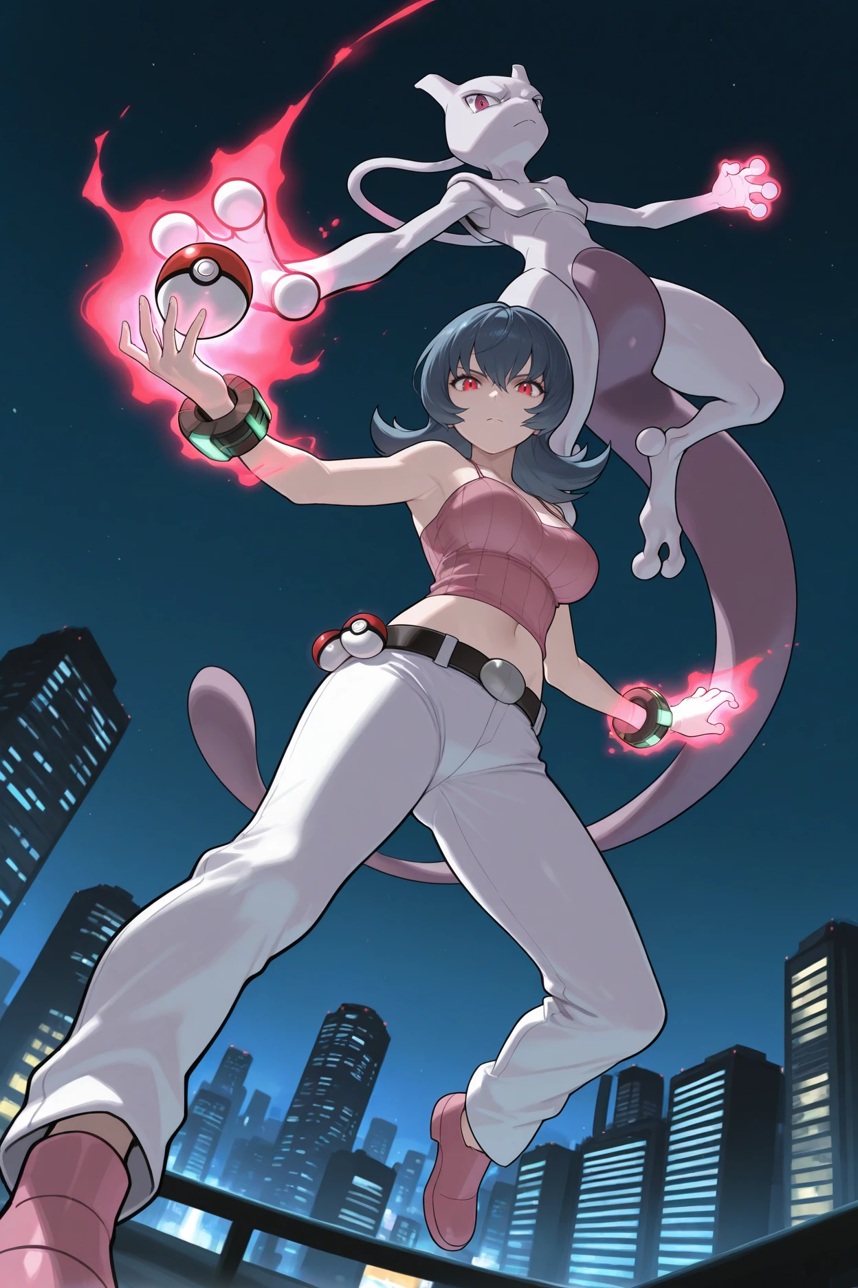 masterpiece, best quality, 1girl, pokemon \(creature\), <lora:sabrina-illu-nvwls-v1-000006:1> hgsssab, dark blue hair, flipped hair, red eyes, pink camisole, ribbed shirt, midriff, white pants, belt, bracelet, pink shoes, full body, arms outstretched, telekinesis, serious, poke balls, mewtwo, floating, night sky, looking at viewer, from below, cityscape, large breasts