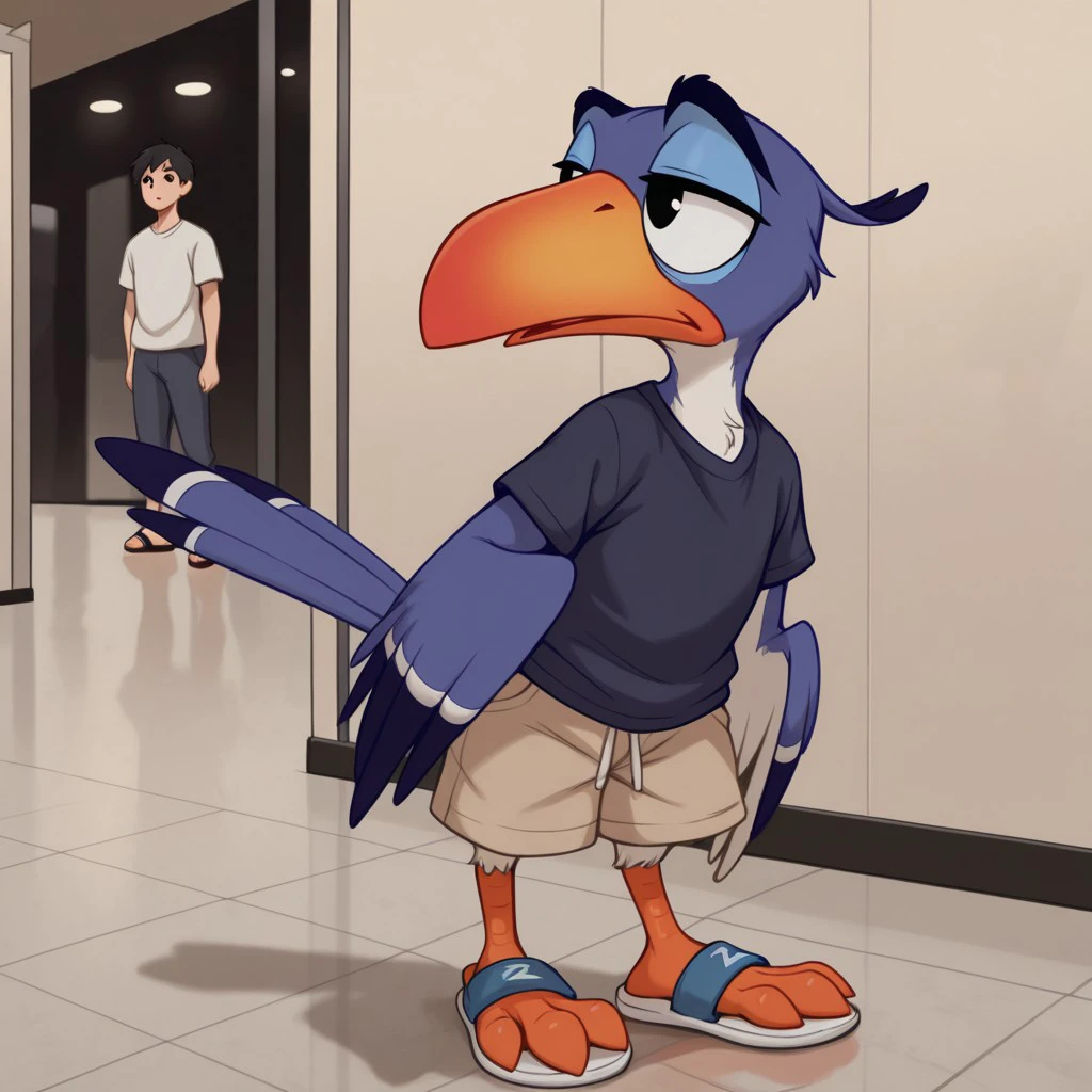 masterpiece, best quality, amazing quality, ZazulkIL, anthro, bird, male, blue feathers, beak, black eyes, at the mall, shirt, shorts, sandals