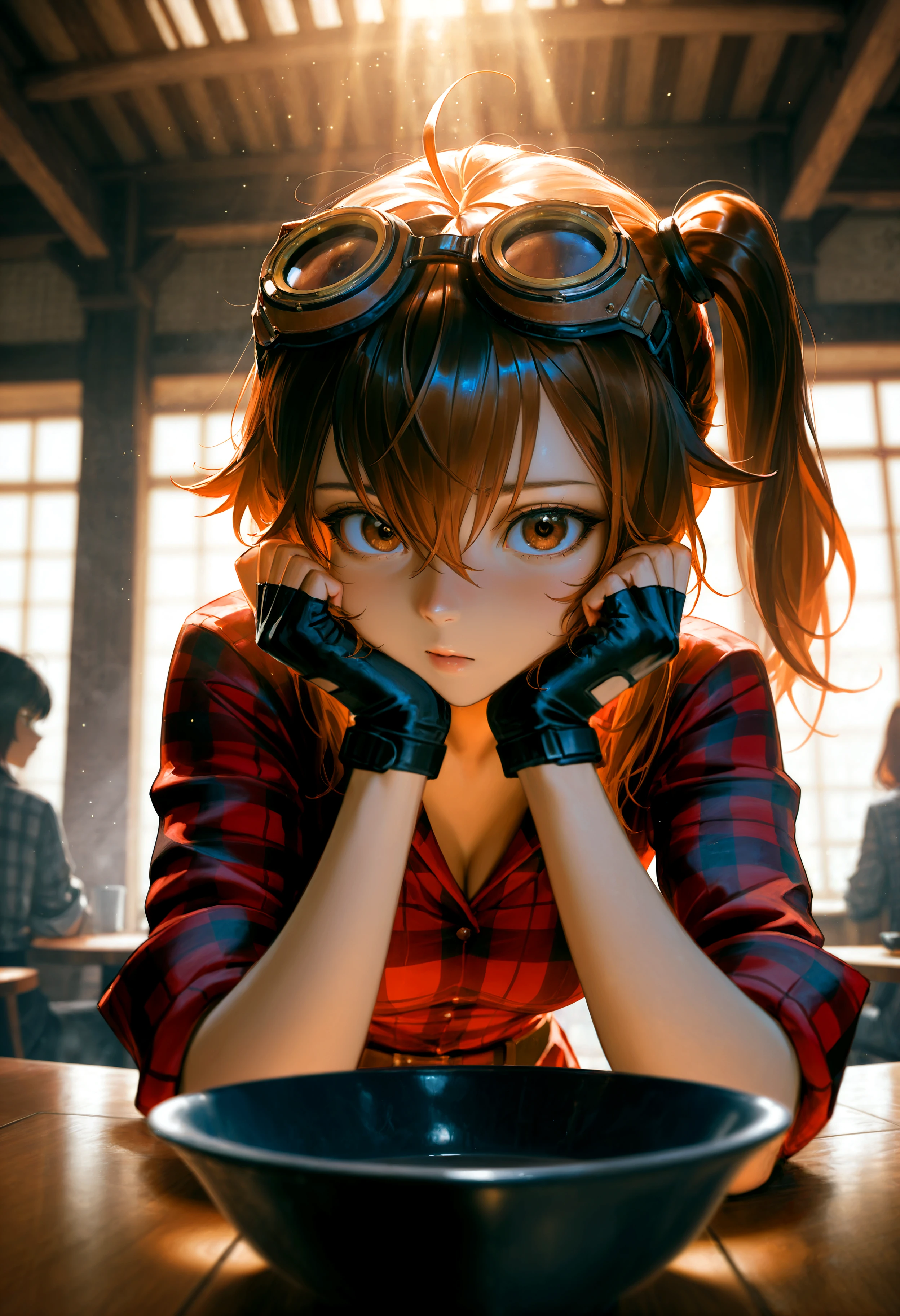 HDR, 8K, high contrast, masterpiece, best quality, amazing quality, very aesthetic, superabsurd res, high resolution, ultra-detailed, absurdres, newest, scenery, (horikoshi kouhei:0.3), (quasarcake:0.3), (wlop:0.3), light rays, dynamic angle, chiaroscuro, (upper body), portrait, foreshortening, hhg_lucy, brown eyes, brown hair, ahoge, hair between eyes, bangs, medium breasts, long hair, side ponytail, goggles on head, red shirt, plaid shirt, sleeves rolled up, fingerless gloves, sitting, leaning forward, head rest, hand on face, looking at viewer, pensive expression, confusion, empty bowl, inside, restaurant, fog, Intricately designed, Mysterious Shadows, BREAK, photorealistic, beautiful detailed eyes, detailed skin, detailed hair, volumetric lighting, dappled light, light particles, dramatic shadows, cinematic lighting, photo background, depth of field, <lora:ponyxl\cfg_scale_boost:0.8> <lora:IL\KMS_HHG_Lucy_IL-000005:0.8>
