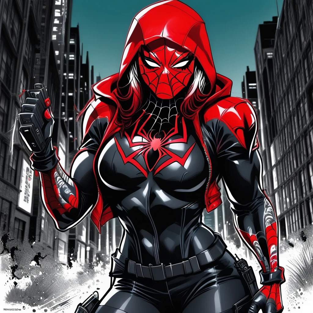 female,Black and white hair,Red metal mask,combat boots,brown combat pants, hair, jacket ear piercing makeup ,arm tattoo,hair between eyes choker moon gradient hair hair behind, breasts night, two-tone hair, hair between eyes,gradient hair hair behind ear. outdoors, Red Hood outdoors,Red Hood,, black bodysuit, Red Hood,metal mask,red hood metal mask, dc Red Hood, jasmine todd, black bodysuit,female, gloves, jacket, weapon, femlae focus, open clothes, black gloves, belt, pants, open jacket, gun, bodysuit, mask.female,long hair,1 girl,hooded,black lipstick,spider (symbol),short sleeves,bodysuit with spider print,hood up hooded bodysuit, lips, spider (symbol),short sleeves,bodysuit with spider,rings on fingers, hood, web,tattoo medium breasts night two-tone hair, eyebrow piercing hood up hooded bodysuit heterochromia, eyes, left eye, eyes, right eye,red and blue eyes,ayame_spider_cinn, 1girl, long hair, brown leather jacket,spider symbol on outfit,gun holster,RedHoodOutlawSDXL,solo,shirt,gloves,jacket,black gloves,belt,pants,hood,fingerless gloves,bodysuit,mask,muscular,pectorals,muscular female,hood up,pouch,superhero,weapon on back,spider symbol