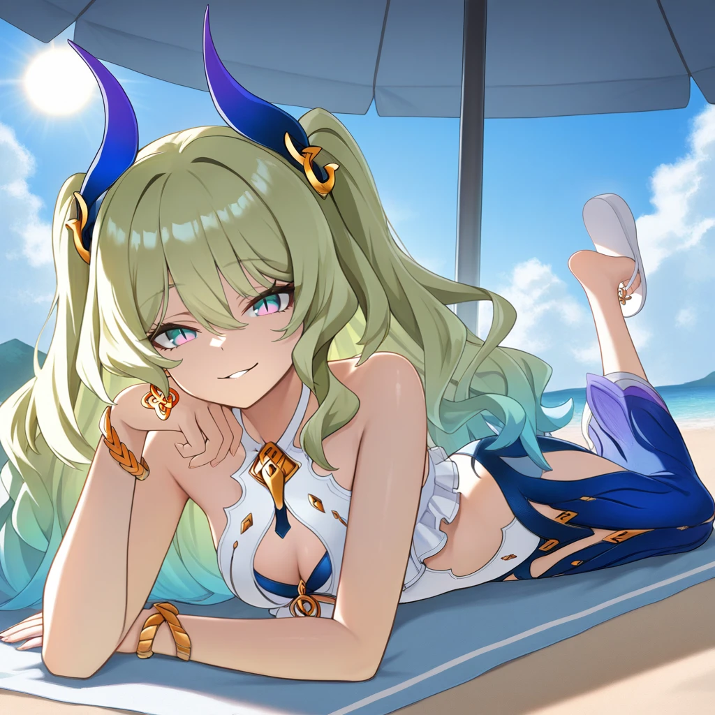 masterpiece, best quality, ultra-detailed, very aesthetic, detailed background, year 2023, very aesthetic, newest, scenery, highres, 4k, absurdres, 8k, colorful,vibrant, glowing, perfect face, 2d, perfect eyes, detailed eyes,
1girl, solo, swimsuit, beach, sun, sky, clouds, lying on back on towel, raised hands, seductive smile, parted lips, looking at viewer, side eye, full body, knees together, bend knees, white sandals, feet, from above, foreshortening, angled shot, full body, under umbrella, shadow, Mobius, Mb_Swm, wavy hair, gradient hair, two side up, horn hair ornament, gradient eyes, slit pupils, alt single earring, jewelry, white one-piece swimsuit, frilled swimsuit, cleavage cutout, cleavage, blue breast strap, halterneck, bare shoulders, sideless swimsuit, bracelet, thigh cutout, clothing cutout, long skirt, blue skirt,