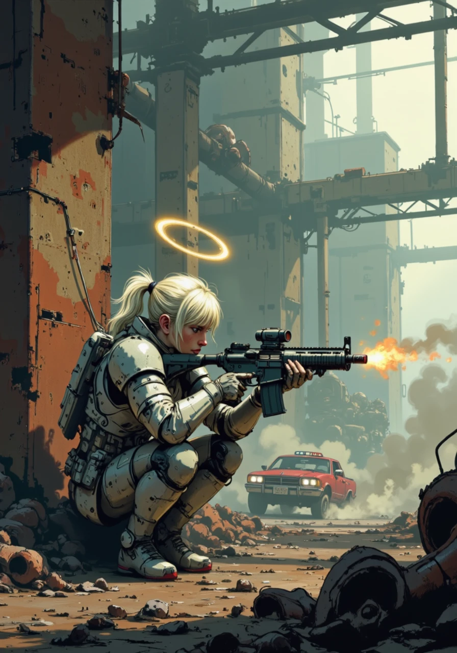 in the style of ck-mgs,, an angel with a halo over her head and large white feather wings an industrial battlefield featuring an angel with pale skin and straight silver hair tied back into a high ponytail, wearing a sleeveless tactical jumpsuit under light, glowing white armor plates; she crouches behind a rusted metal barricade in a sprawling factory complex, aiming an M16 rifle with a glowing holographic sight; her massive feathered wings are tucked in tight, their edges faintly glowing as sparks and smoke rise from the wreckage of nearby machinery; her golden halo provides steady illumination, contrasting with the grimy industrial background filled with shattered beams and hissing pipes, while the sound of distant gunfire echoes across the sprawling space<lora:Halo Angels improved_divine protector.safetensors:1.0:1.0> <lora:ck-MetalGearSolid-000019.safetensors:1:1>