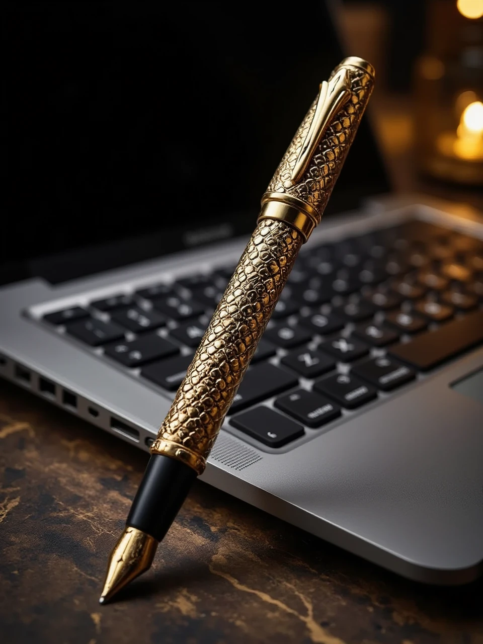 This is a surrealistic art photography photo of a very high class metallic snake textured fountain pen which is placed on a luxurious laptop which looks regal and luxurious compared to the laptop.
snake.