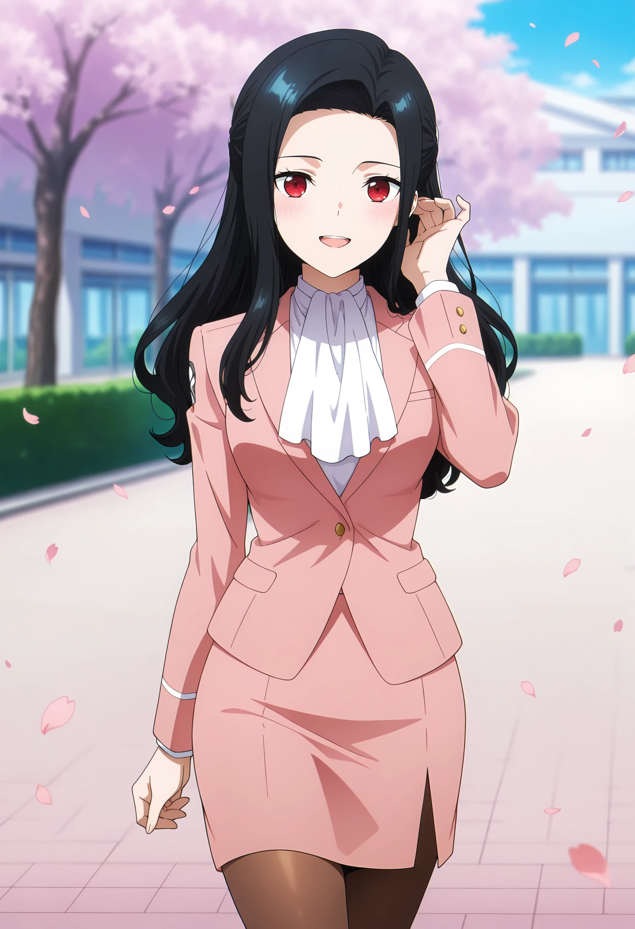 anime screencap, masterpiece, best quality,
<lora:MahoukaKoukouNoRettousei_SaegusaMayumi_IlluXL:0.9>
1girl, solo, open mouth, smile, upper teeth only, blush,
long hair, black hair, hair intakes, forehead, red eyes,
SaegusaSuit, pink jacket, white ascot, long sleeves, pencil skirt, pink skirt, brown pantyhose,
adjusting hair, arm at side,
crossed legs, standing, looking at viewer, cowboy shot,
outdoors, cherry blossoms, falling petals, school, science fiction, blurry background