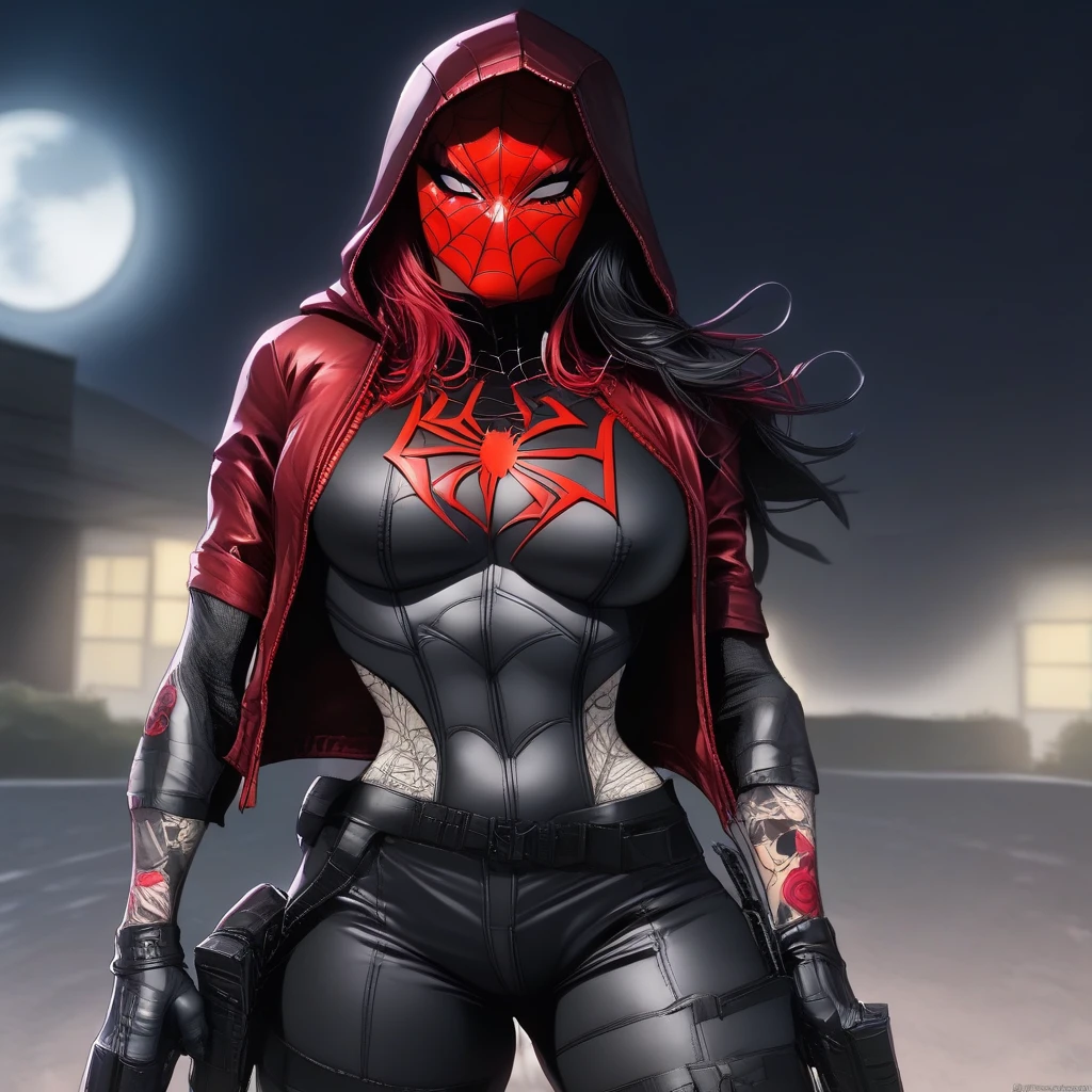 female,Black and white hair,Red metal mask,gun holster,combat boots,brown combat pants, hair hood city jacket ear piercing makeup ,arm tattoo smile, hair between eyes choker moon gradient hair hair behind ear.eyes eyeshadow full moon large breasts,jacket,body tattoos ear rings,red  eyeliner,hooded,spider (symbol),short sleeves,bodysuit with spider print,long black , gloves,rings on fingers, hood,pink eyes, web,tattoo medium breasts night two-tone hair, hood up hooded bodysuit, hair between eyes,gradient hair hair behind ear.eyes eyeshadow full moon, ring solo focus black jacket  outdoors, Red Hood  outdoors,holding gun, Red Hood,, black bodysuit, Red Hood,metal mask,red hood metal mask, dc Red Hood, jason todd, black bodysuit, /Spider_Ayame/female, gloves, jacket, weapon, male focus, open clothes, black gloves, belt, pants, open jacket, gun, bodysuit, mask.female