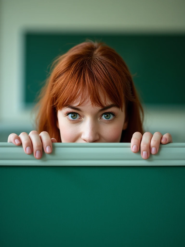 a high-resolution photograph featuring a young woman with fair skin and auburn, shoulder-length hair with bangs, she has a delicate, symmetrical face with large, expressive blue eyes, full lips, and a slight smile, her expression is calm and slightly contemplative, her head and hands are above a green fabric wall with a white frame, gripping the top with both hands, suggesting she is peeking over it, the background is blurred, but it appears to be an indoor setting with soft, blurred green and white colors, possibly a classroom or a similar indoor space, the lighting is soft and diffused, creating a warm and inviting atmosphere, the texture of the fabric is smooth and slightly textured, adding depth to the image, the overall composition is intimate and introspective, focusing on the subject's serene expression and the simplicity of the background