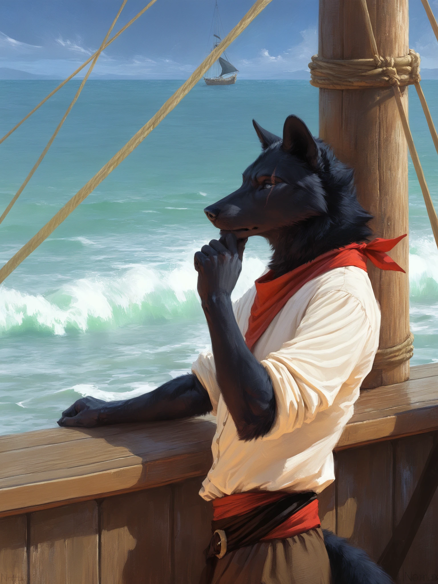 (2024, 2023, masterpiece, best quality, very aesthetic, absurdres, artist:matchattea, artist:nomax, nomax) (standing, outdoors, shaded, oil painting \(medium\):1.3)
1boy, male, solo, pirate ship, wood, wolf, clothing, clothed, hand on chin, sea, waves, water scar, neckerchief, slim, rolled sleeves, black fur <lora:Nomax Style Ill V2:1>