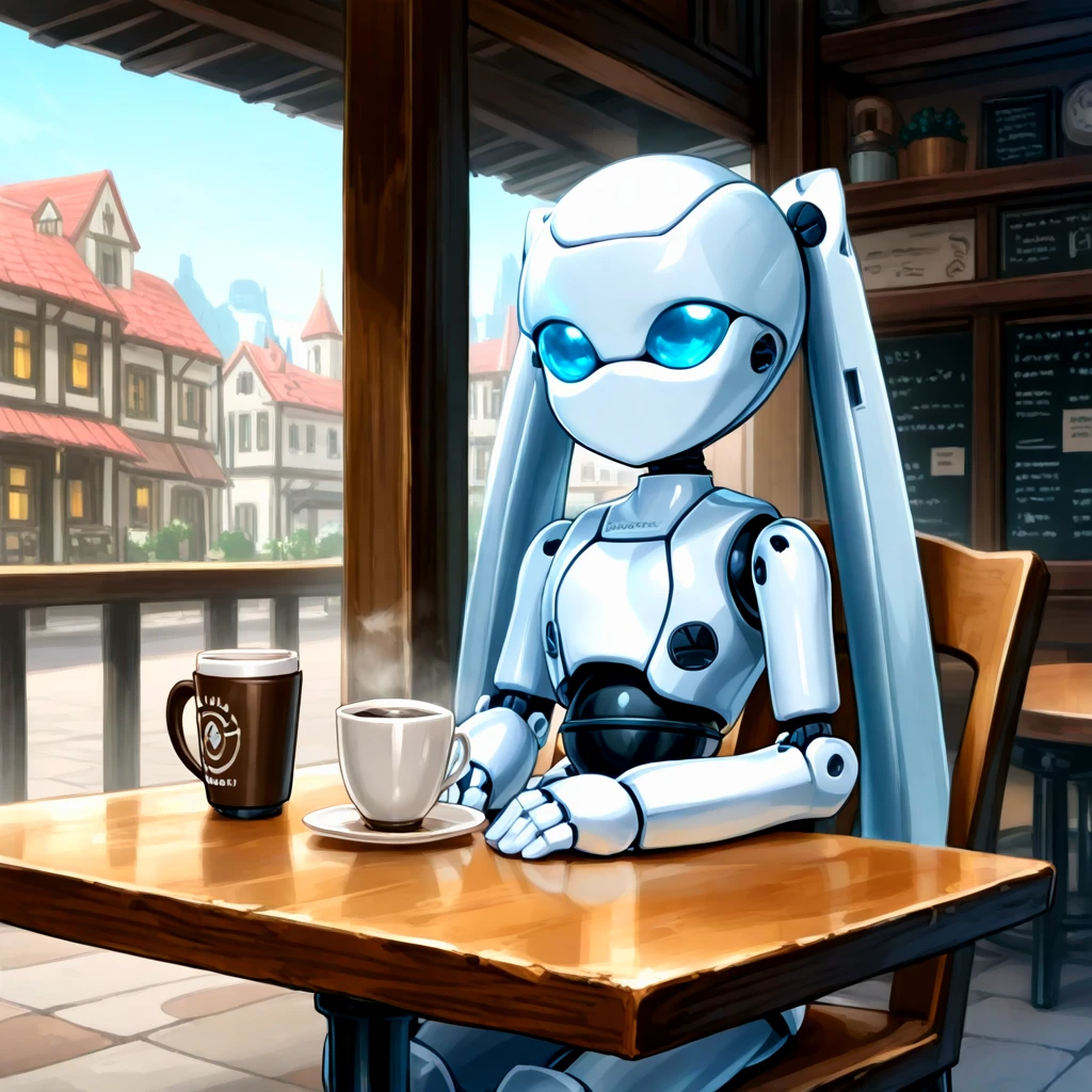 <lora:Drossel_ill:1> drossel, twintails, blue eyes, no mouth, no humans, humanoid robot, science fiction, town, cafe, sitting on chair, coffee, table, 2d, anime, masterpiece, best quality, very aesthetic, absurdres, newest,