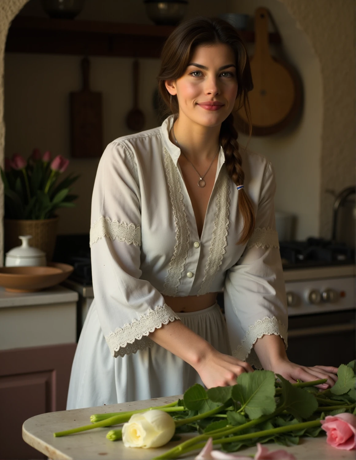 a high resolution photo of A woman wearing a traditional modest dress with subtle embroidery, arranging fresh flowers in a rustic countryside kitchen, framed in a medium shot, pausing to face the camera with a soft smile. <lora:Person_LivTyler90sFLUX:1>
