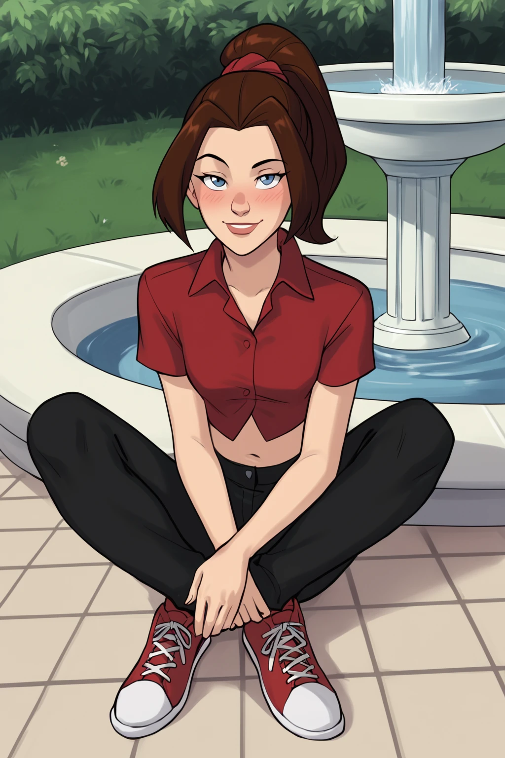 PonyXLV6_Scores BREAK ((parody), perfect anatomy, perfect eyes) <lora:add_details_xl:0.8> BREAK <lora:Shadowcat_-_X-Men_Evolution:0.8> kitty pryde, brown hair, ponytail, blue eyes, flirting, raised eyebrow, smirk, half-closed eyes, blush, ((looking up at viewer)), scrunchie, collared shirt, red shirt, midriff, black pants, red sneakers, sitting next to luxurious fountain, legs crossed, outdoors