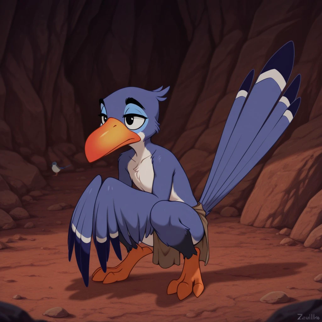 masterpiece, best quality, amazing quality, ZazulkIL, anthro, bird, male, blue feathers, beak, black eyes, winged arms, Savanna, crouching, loincloth