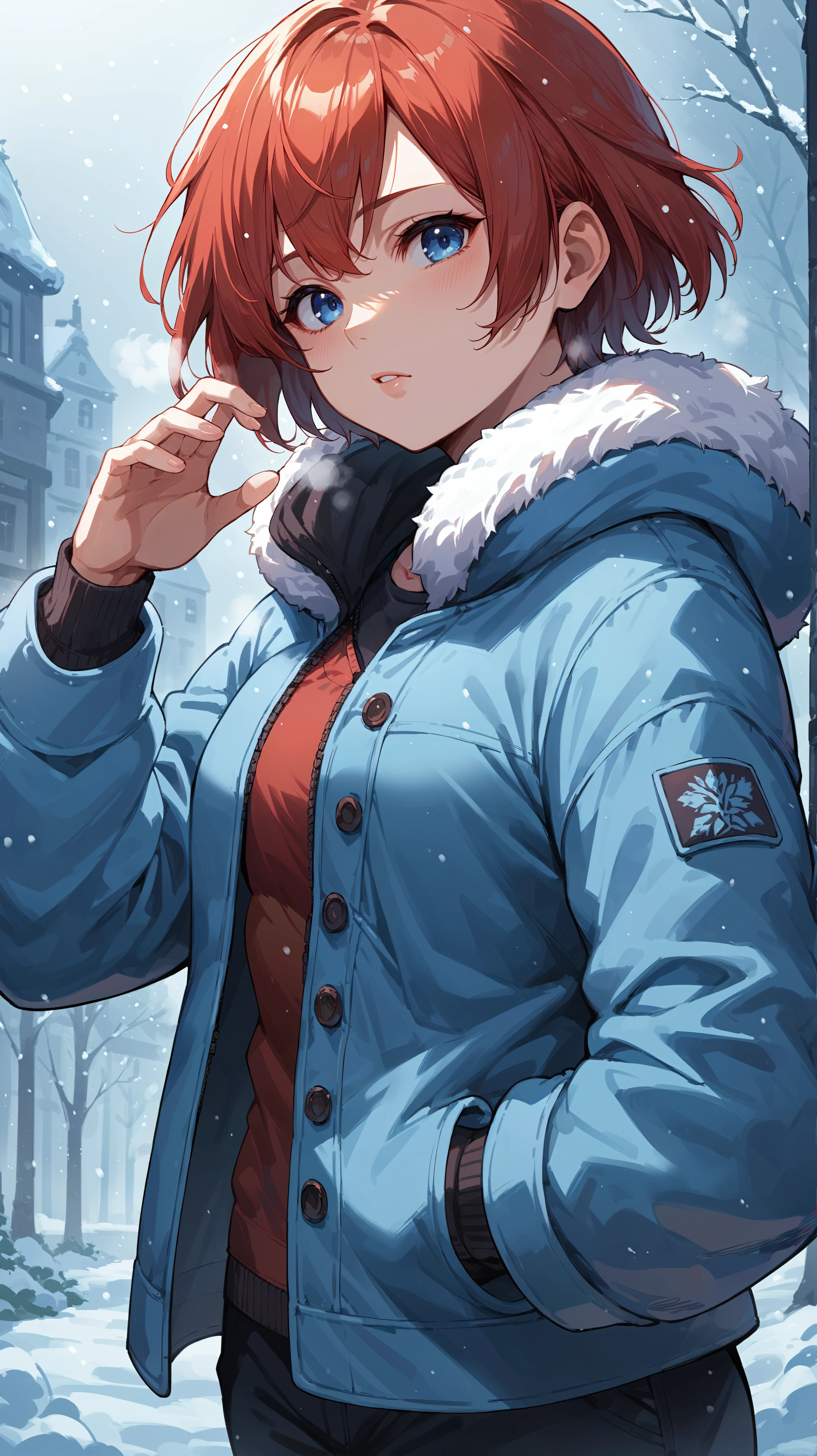 score_9,score_8_up,score_7_up,score_6_up, <lora:xl_more_art-full_v1:0.5>, source_anime, girl, dynamic pose, head tilt, <lora:Kairi - Pony:0.8>, short hair, red hair, blue eyes, winter clothes, winter jacket, baggy pants, snowstorm, winter, snowing, visible breath, hood up, fur trim,