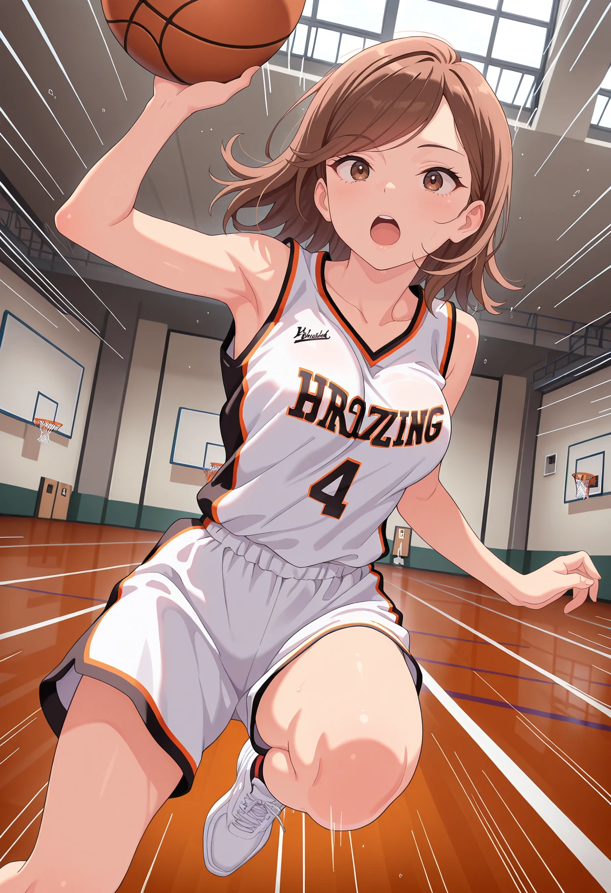 masterpiece, best quality, amazing quality, 1girl, solo,
<lora:Daia_My_Dress_up_Darling_IL_V1:1>, KJOdaia, brown hair, brown eyes, medium hair, swept bangs,
basketball uniform, holding, basketball \(object\), dynamic pose, speed lines, motion lines, indoors, basketball court, jumping, jumpshot, open mouth,
(Beautiful, medium Breasts:1.2),