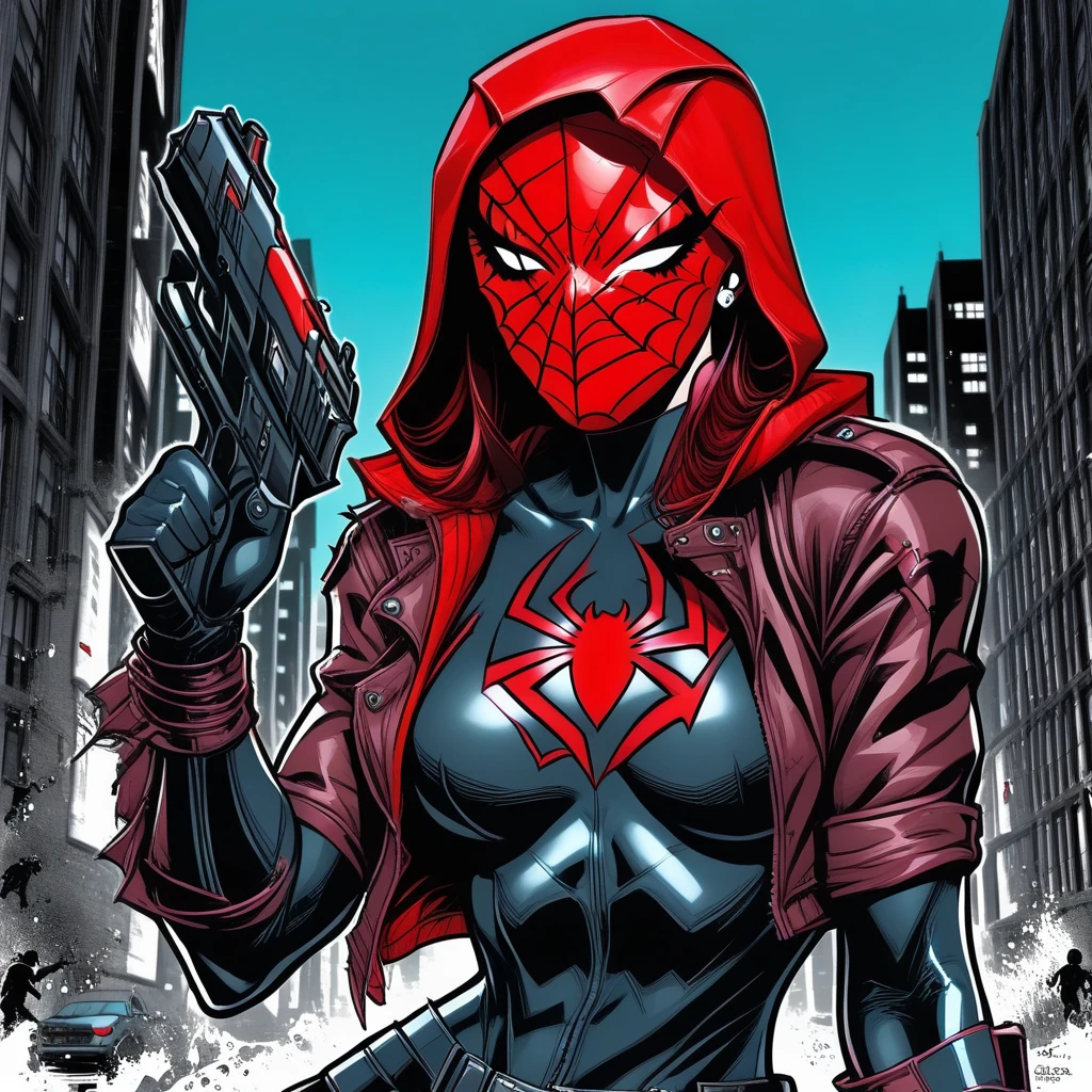 female,Black and white hair,Red metal mask,combat boots,brown combat pants, hair, jacket ear piercing makeup ,arm tattoo,hair between eyes choker moon gradient hair hair behind, breasts night, two-tone hair, hair between eyes,gradient hair hair behind ear. outdoors, Red Hood outdoors,Red Hood,, black bodysuit, Red Hood,metal mask,red hood metal mask, dc Red Hood, jasmine todd, black bodysuit,female, gloves, jacket, weapon, femlae focus, open clothes, black gloves, belt, pants, open jacket, gun, bodysuit, mask.female,long hair,1 girl,hooded,black lipstick,spider (symbol),short sleeves,bodysuit with spider print,hood up hooded bodysuit, lips, spider (symbol),short sleeves,bodysuit with spider,rings on fingers, hood, web,tattoo medium breasts night two-tone hair, eyebrow piercing hood up hooded bodysuit heterochromia, eyes, left eye, eyes, right eye,red and blue eyes,ayame_spider_cinn, 1girl, long hair, brown leather jacket,spider symbol on outfit,gun holster,RedHoodOutlawSDXL,solo,shirt,gloves,jacket,black gloves,belt,pants,hood,fingerless gloves,bodysuit,mask,muscular,pectorals,muscular female,hood up,pouch,superhero,weapon on back,spider symbol