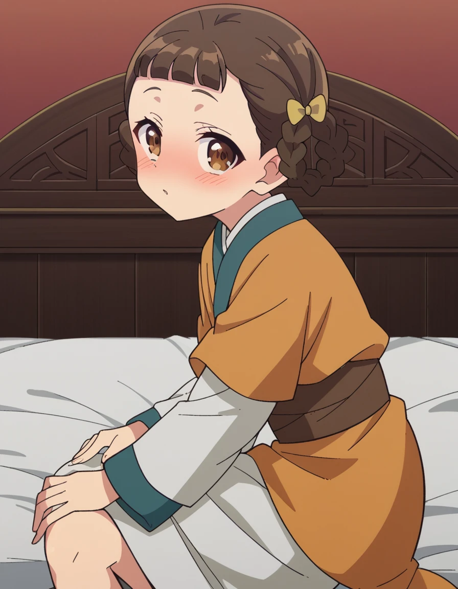 score_9, score_8_up, score_7_up, source_anime, <lora:kusuriya-xiaolan-s1-ponyxl-lora-nochekaiser:1>, xiaolan, bangs, brown hair, hair ornament, brown eyes, braid, hair rings,, japanese clothes, robe, orange robe, long sleeves, skirt, white skirt,, indoors, bed, bedroom, on side, blush, drunk, , hands on own knees, looking at viewer, solo,, cowboy shot, solo