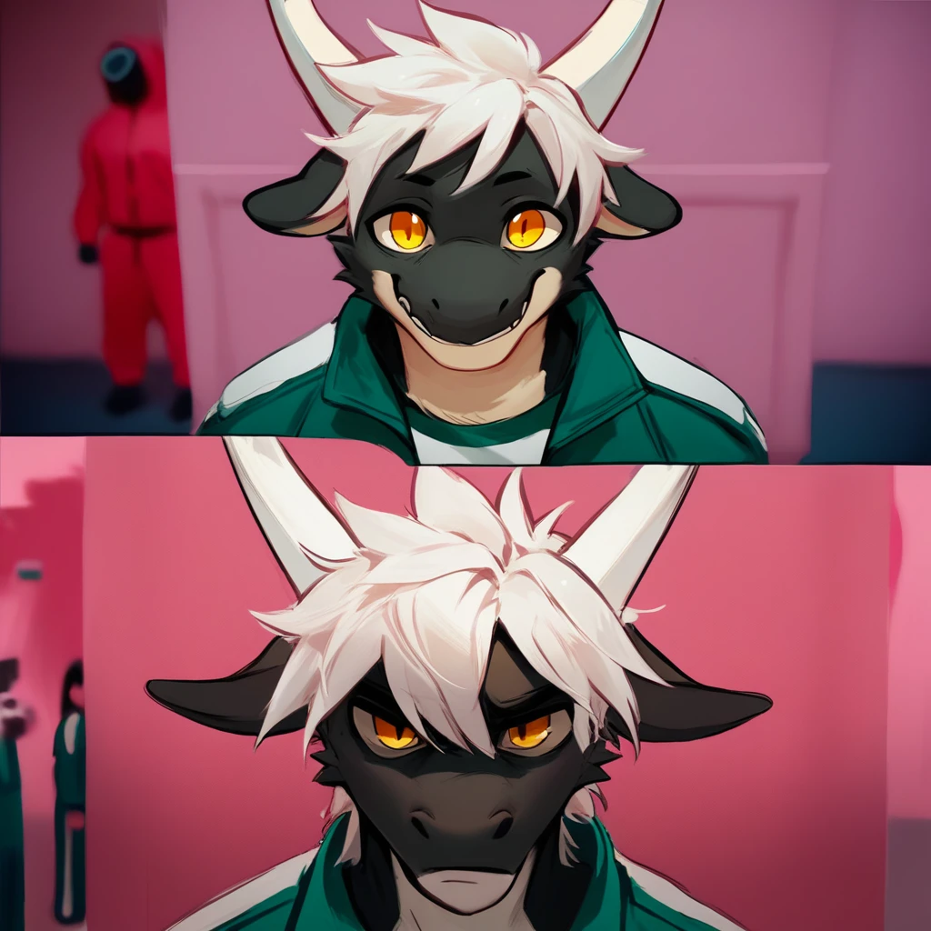 score_9, score_8, mikus-concept, smiling expression, BREAK, serious expression, BREAK, comparison, pink background, partially shaded face, green jacket, upper body, blurry background, comic, looking at viewer, meme, furry, furry male, 1boy, dragon, white hair, white horns, black fur, yellow eyes