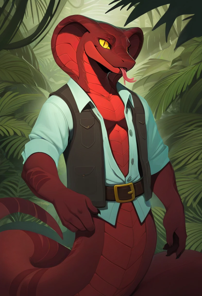 best quality, hi res, high quality, anthro, male, furry, 1boy, solo, anthropomorphic_snakes_(naga), solo, white open shirt, vest, belt, red body, yellow sclera, slit pupil, smile, scales, no humans, tail, colored sclera, tongue, outside, jungle, portrait, <lora:Anthropomorphic_snakes_Naga_illustrious:1>