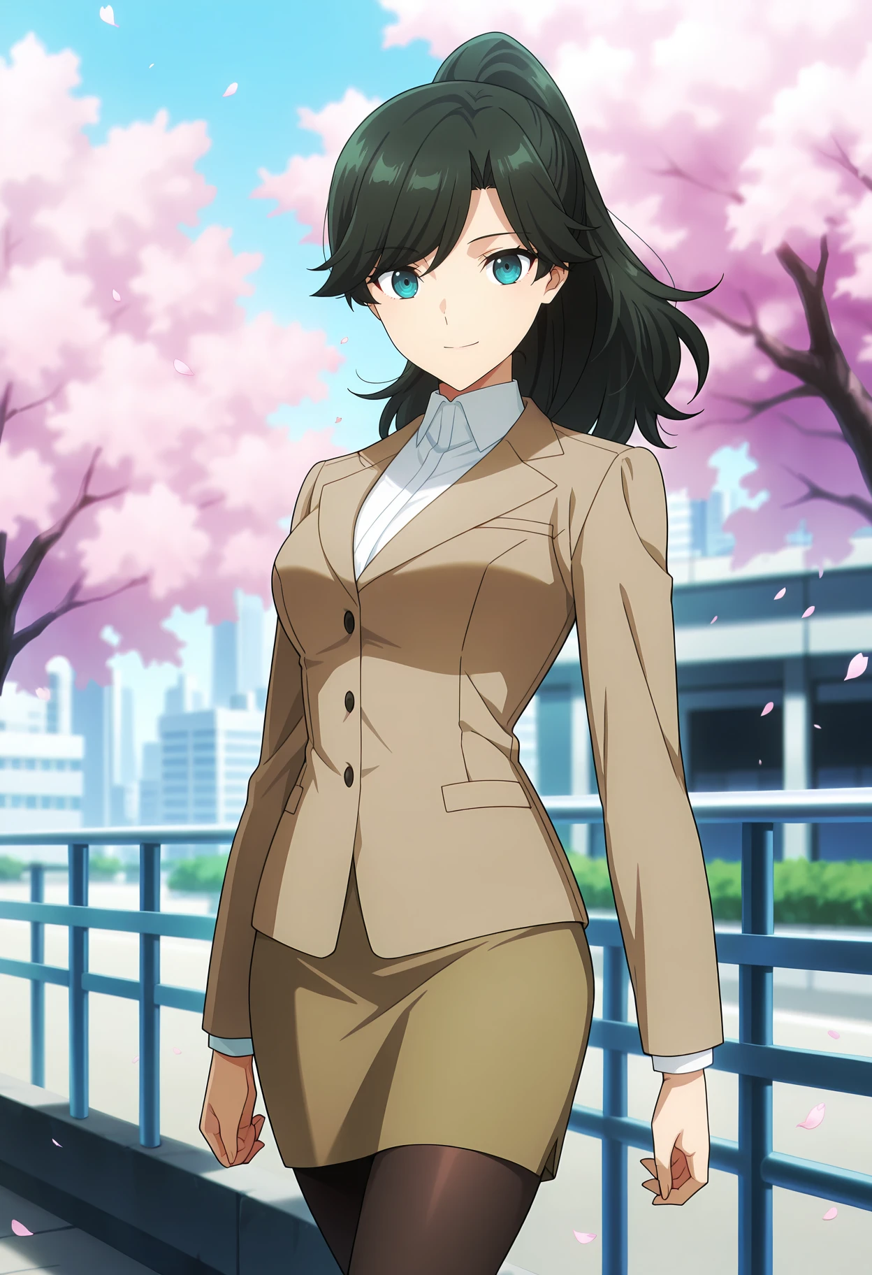 anime screencap, masterpiece, best quality,
<lora:MahoukaKoukouNoRettousei_FujibayashiKyouko_IlluXL:0.9>,
1girl, solo, closed mouth, smile,
high ponytail, long hair, swept bangs, black hair, blue eyes,
FujibayashiKyouko, brown jacket, collared shirt, white shirt, long sleeves, pencil skirt, brown skirt, black pantyhose,
crossed legs, standing, looking at viewer, cowboy shot,
outdoors, cherry blossoms, falling petals, building, science fiction, blurry background