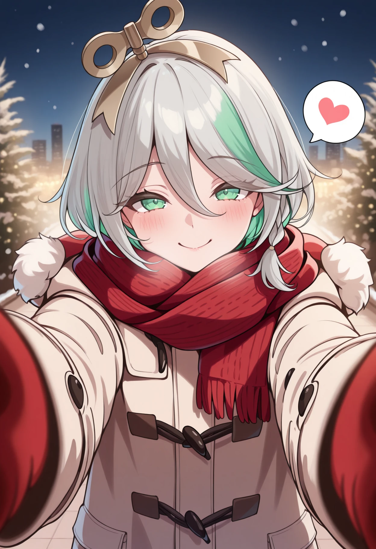 masterpiece, best quality, 1girl, solo, Cec1l1a, green eyes, winding key hair ornament, doll joints, grey hair, colored inner hair, streaked hair, short hair, side braid, pov, foreshortening, upper body, winter clothes, duffel coat, red gloves, red scarf, reaching towards viewer, pov cheek warming \(meme\), blush, smile, romantic ambiance, spoken heart, <3, <lora:ChamCeciliaImmergreenV2IllustriousXL:1>