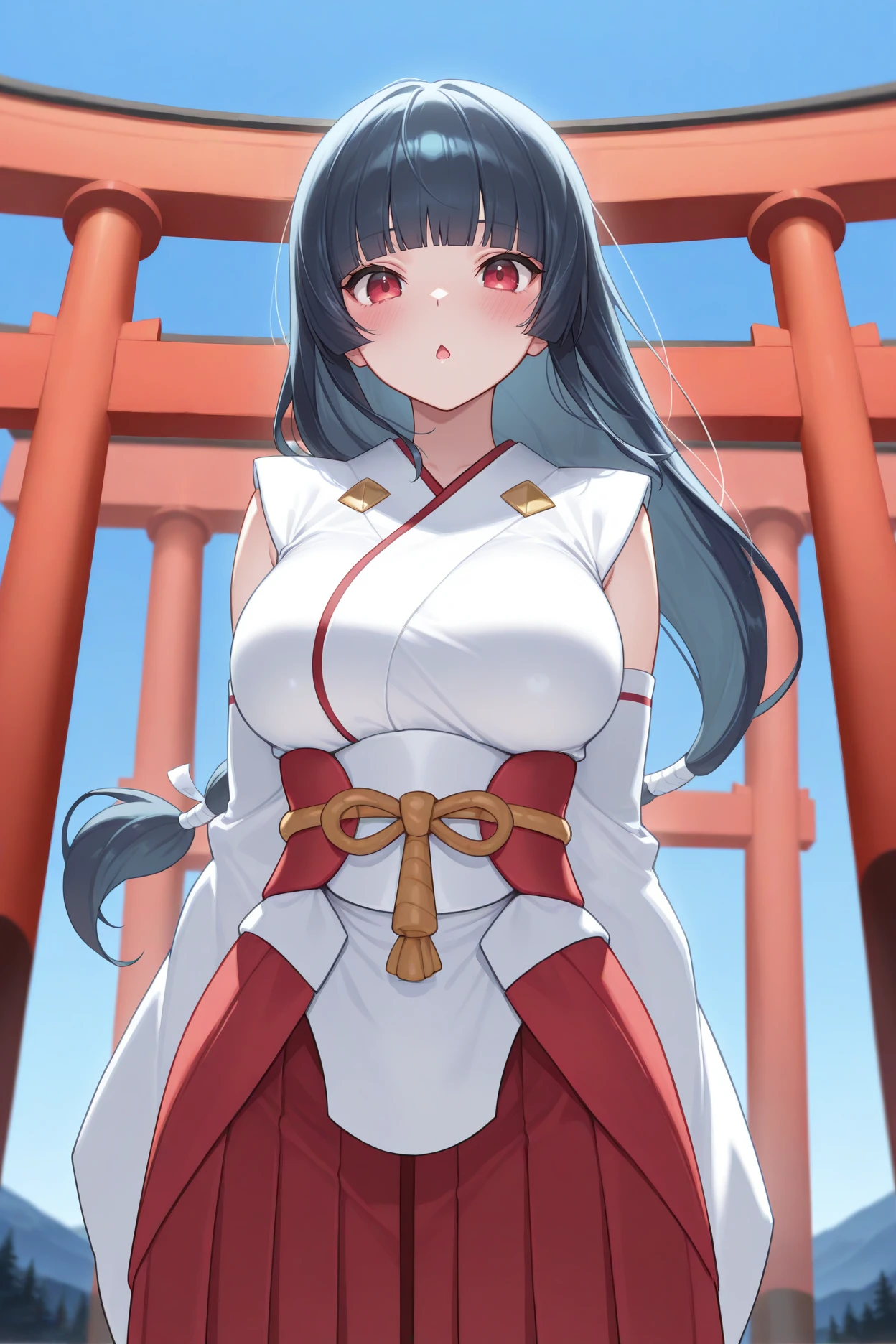 masterpiece, best quality, 1girl, solo <lora:sabrina-illu-nvwls-v1-000006:1> nyrssab, dark blue hair, low-tied long hair, blunt bangs, red eyes, white kimono, sash, red hakama skirt, detached sleeves, large breasts, chestnut mouth, blue sky, torii, looking at viewer, blush, standing, mountains