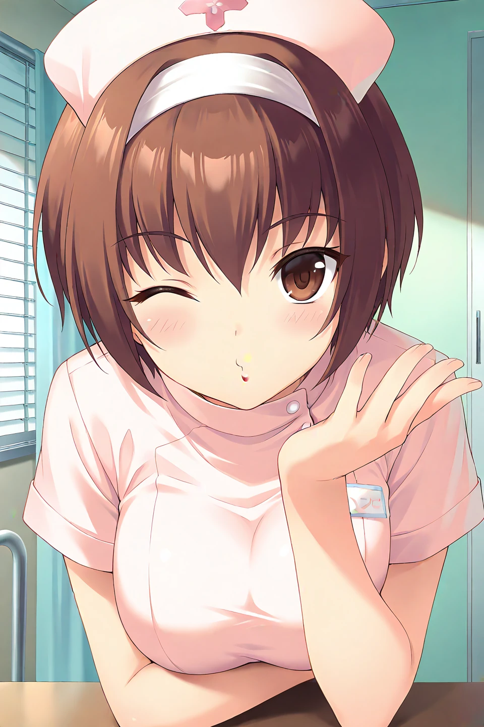 masterpiece, best quality, absurdres, official art, official style, zPDXL2, zPDXLxxx, rating_sensitive, sexually suggestive, nsfw, uncensored BREAK
<lora:kashiwagiazusa_IL_v1:0.7>, kashiwagi azusa, 1girl, solo, brown eyes, brown hair, short hair, large breasts, hairband, white hairband
nurse, nurse uniform, hat, nurse cap, pink suit, short sleeves, breasts, one eye closed, blush, blowing kiss, o3o, close-up, looking at viewer, upper body