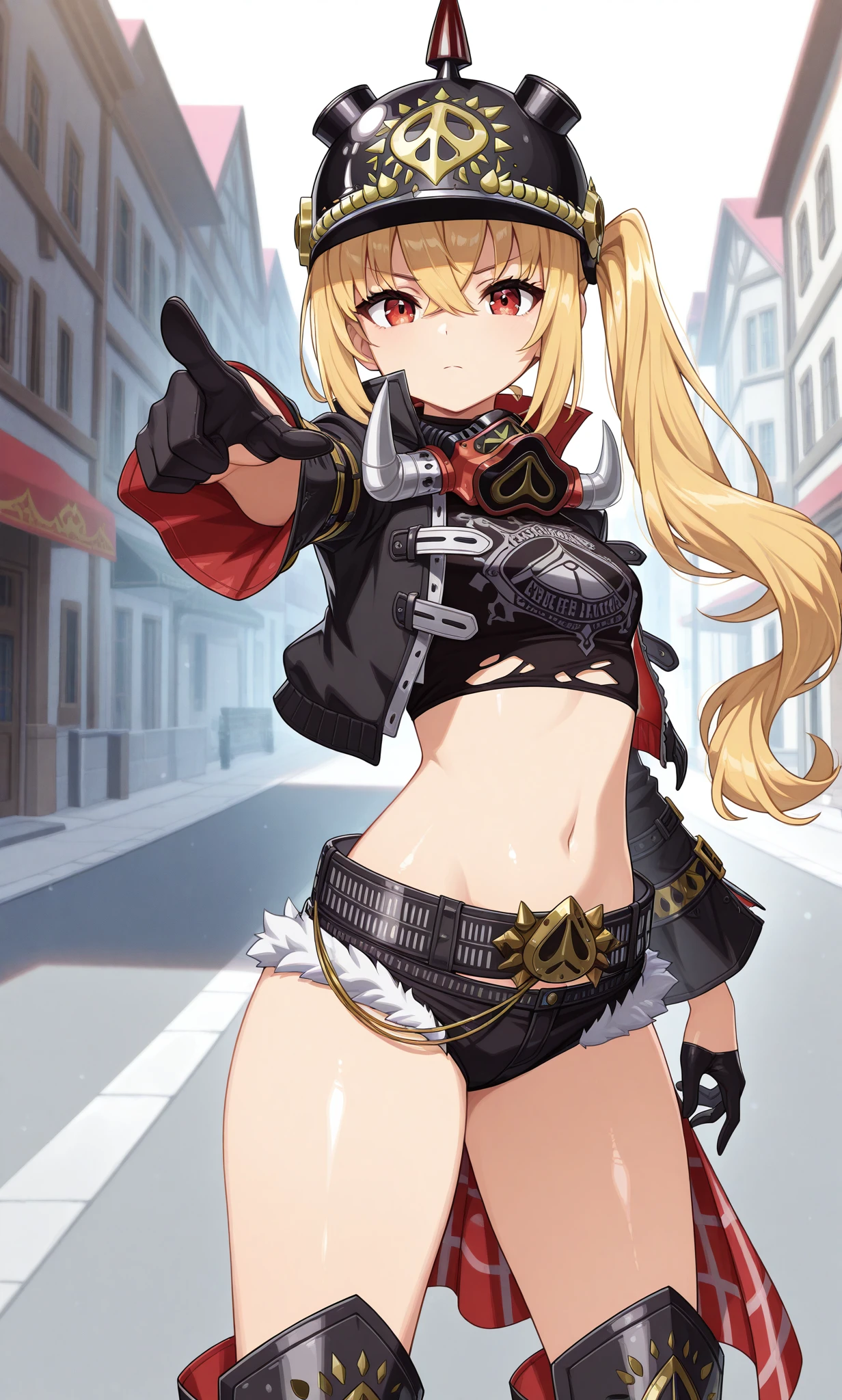 highest quality, extremely detailed, muste piece, 
(one girl:1.4), (small curvaceous loli:1.3), (11 year old girl:1.2), (smirk1.1), (show teeth), (Dark blue long hair:1.5), 
(brown pantyhose(pantyhose up to navel):1.6), (Deep-rise folded denim shorts:1.3), (new beautiful shorts:1.3), 
(high neck innerwear(tight):1.6), (high neck innerwear(expose one&#39;s stomach:1.5)), (high neck innerwear(separated from pantyhose:1.6)), 
(short sleeve jacketを着る:1.3), (short sleeve jacket(roll up sleeves):1.4),  (red eyes(Twinkling Eyes):1.3), 
(Long brown gloves that reach above the elbow:1.5)superimposed on、(open finger gloves:1.3), (Simple belt-shaped black choker:1.3), (blue beret), 
(Slender stomach:1.4), cute legs, [belly fat:1.4], [muscular:1.4], Serra, 

