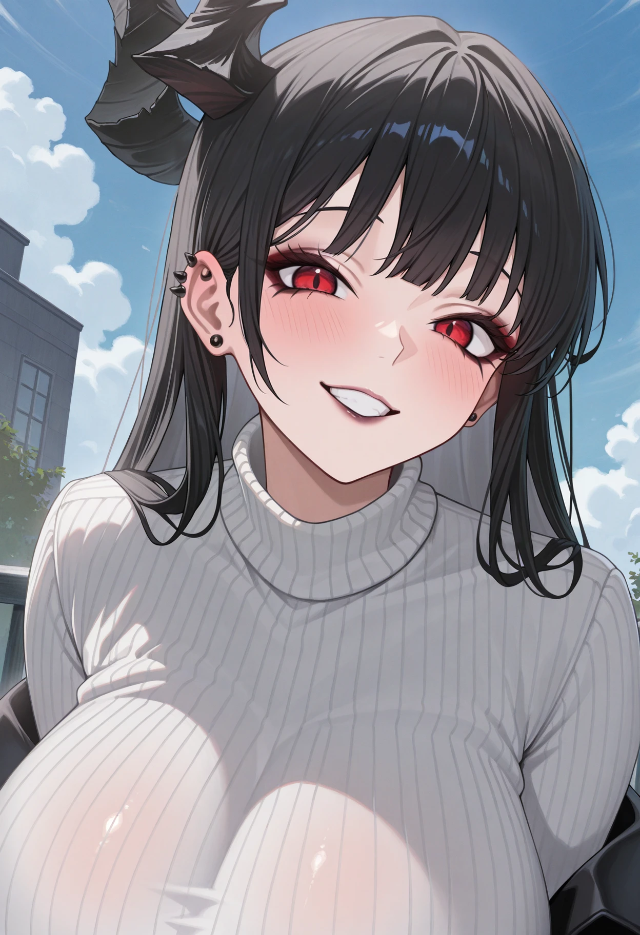 masterpiece, best quality, absurdres, highres, newest, 1girl, solo, <lora:behemoth-nikke-richy-v1_ixl:1> bhmth, red eyes, black hair, long hair, asymmetrical horns, black horns, ear piercing, mascara, eyeliner, huge breasts, turtleneck sweater, outdoors, blue sky, parted lips, teeth, looking at viewer, blush, smile,