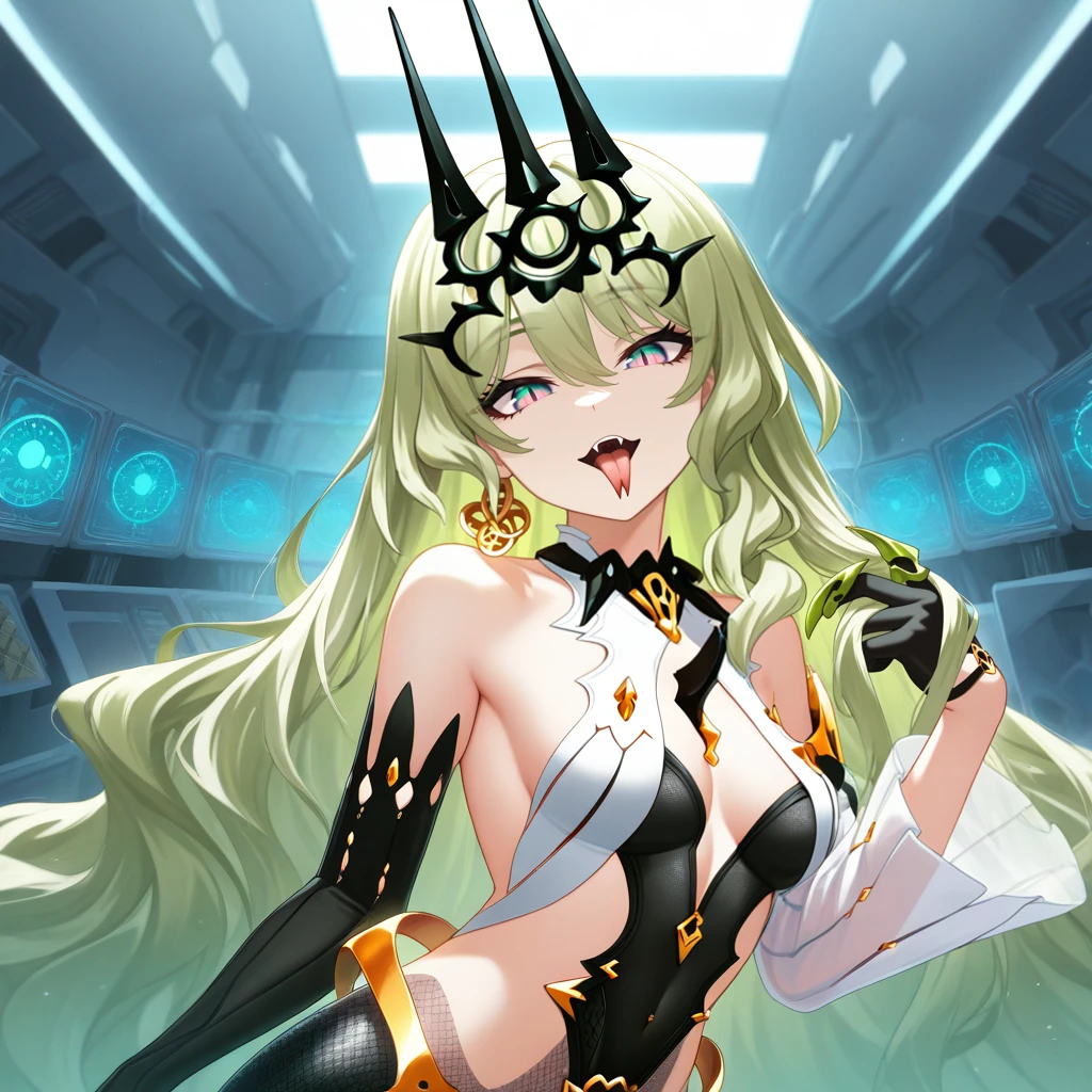 masterpiece, best quality, ultra-detailed, very aesthetic, detailed background, year 2023, very aesthetic, newest, scenery, highres, 4k, absurdres, 8k, colorful,vibrant, glowing, perfect face, 2d, perfect eyes, detailed eyes,
1girl, solo, laboratory, facility, ceiling light, futuristic background, vials, shelves, eyes focused, face focus, upper body, looking at viewer, from side, head tilt backwards, side eye, forked tongue, open mouth, seductive smiile, hand in own hair, Mobius, Mb_Def, wavy hair, gradient eyes, slit pupils, black crown, cleavage, side cutout, sideless leotard, black leotard, fishnet bodysuit, fishnet pantyhose, white halter top, chest cutout, chest spike, black pendant, single earring, black skirt, mermaid dress, skirt cutout, green trim, single detached sleeve, see-through sleeves, pleated sleeves, black gloves, asymmetrical gloves, green claw ring, single elbow glove, bare shoulders, black dress,