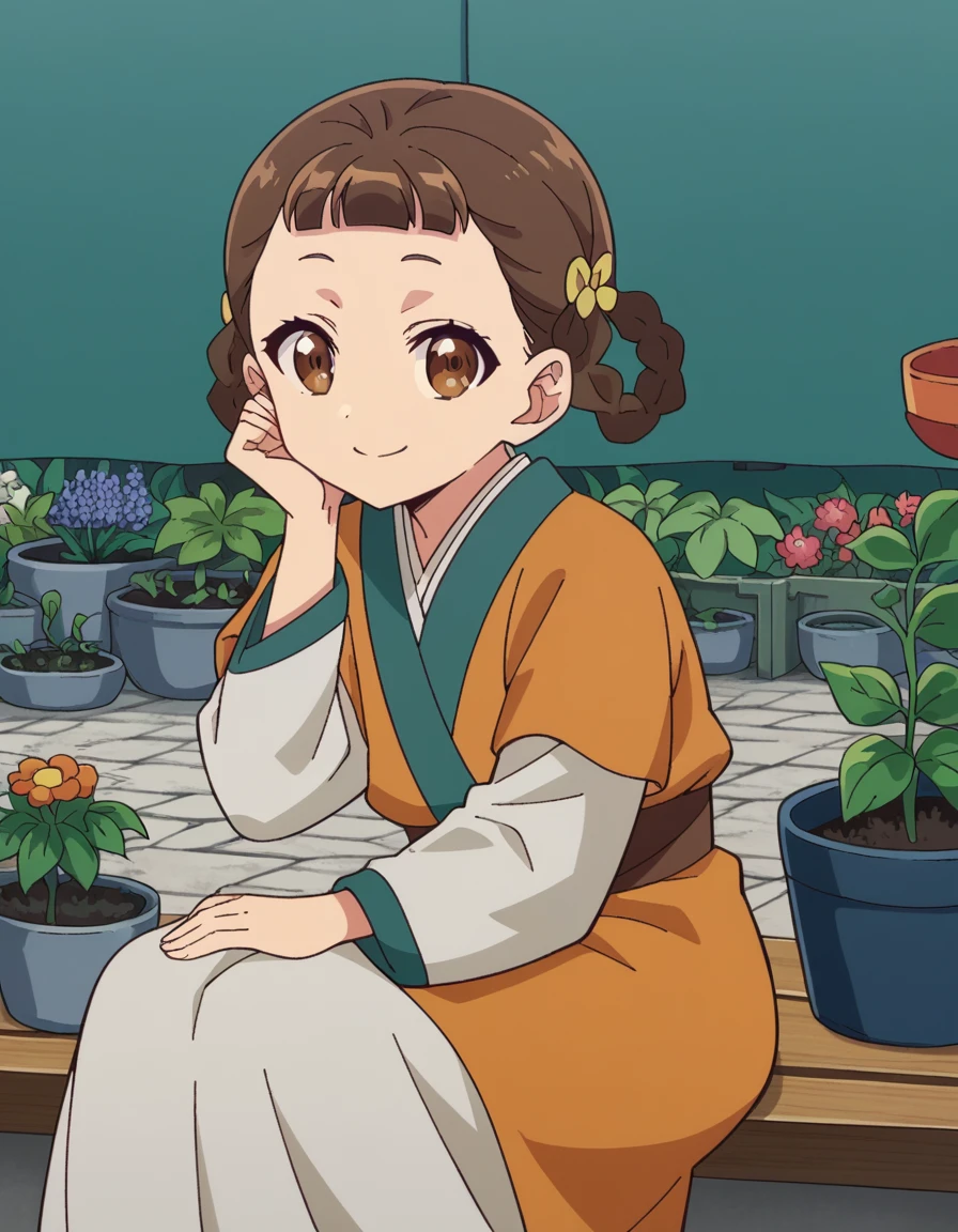 score_9, score_8_up, score_7_up, source_anime, <lora:kusuriya-xiaolan-s1-ponyxl-lora-nochekaiser:1>, xiaolan, bangs, brown hair, hair ornament, brown eyes, braid, hair rings,, japanese clothes, robe, orange robe, long sleeves, skirt, white skirt,, gardening, watering plants, backyard, flowers blooming, sunny day, smile, head rest, smile,, looking at viewer, solo,, cowboy shot, solo