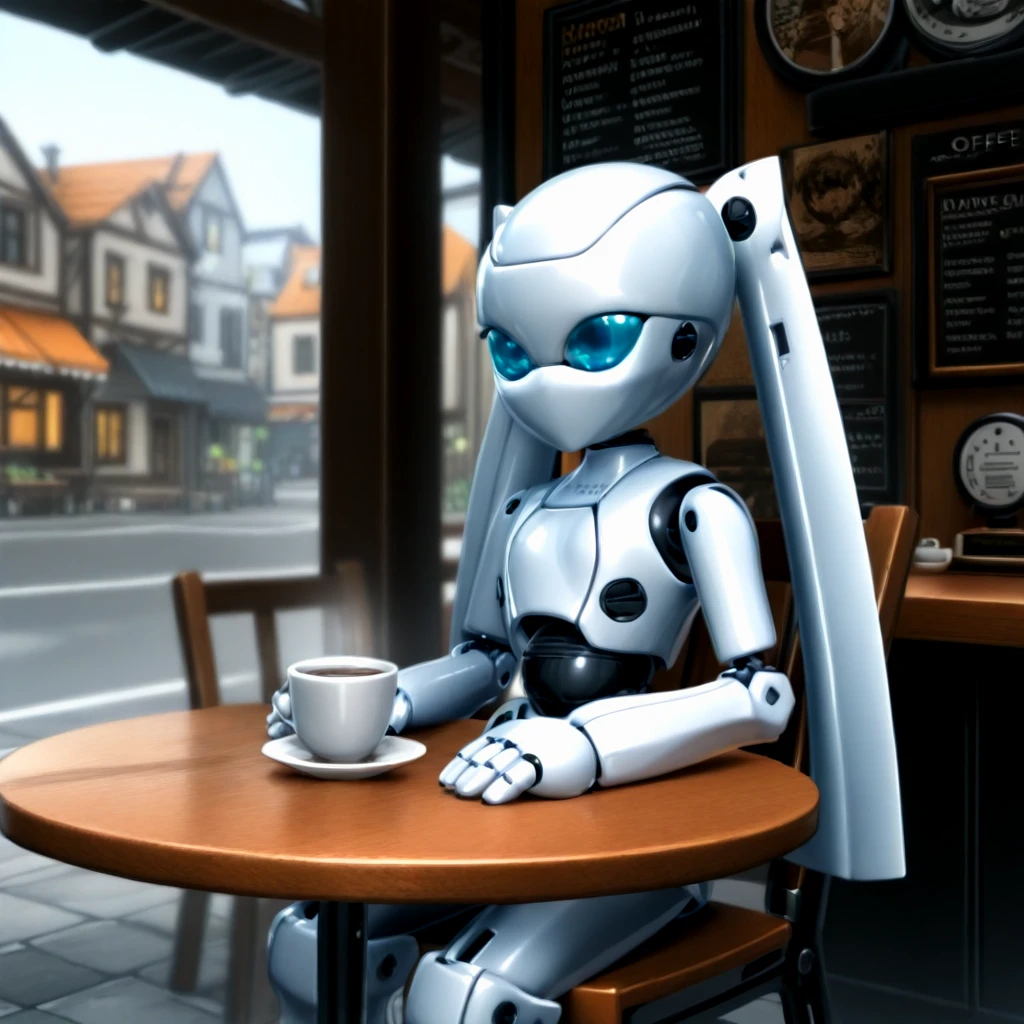 <lora:Drossel_ill:1> drossel, twintails, blue eyes, no mouth, no humans, humanoid robot, science fiction, town, cafe, sitting on chair, coffee, table,
