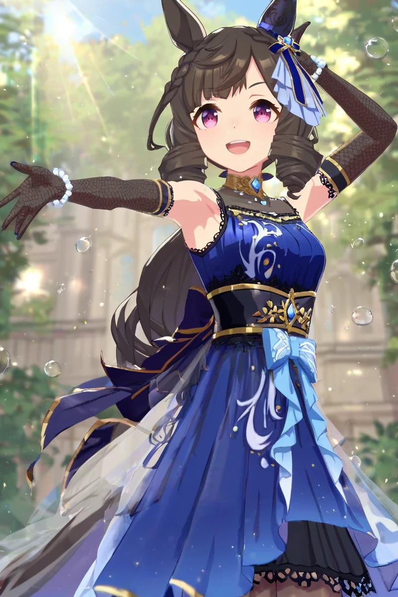 score_9, score_8_up, score_7_up, masterpiece,best quality, newest,
daiichi ruby \(umamusume\), 1girl, horse ears, black lace elbow gloves, looking at viewer, pantyhose, blue ear ribbon, horse tail, low ponytail, flowing blue, sleeveless, blue layered dress, necklace, black see-through inner shirt, single ear cover, blue nails, low back gold trim blue ribbon, waist aqua bow, gold trim black obi, hair scrunchie,cowboy shot,
open mouth, big smile,
light rays,lens flare,light particles,dynamic pose, dynamic angle,
<lora:pony_daiichi_ruby_v1.01:0.75>