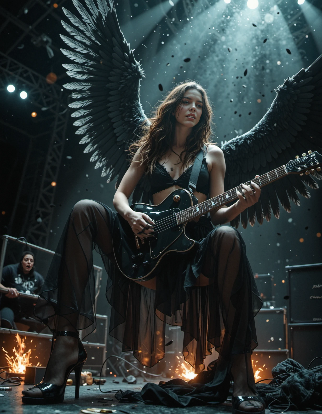 1girl, archangel, pale skin, black long hair, claws, canines, majestic black raven wings, feathered wings, stiletto heels, black roses, (sparks:0.3), photography, cinematic, bokeh, dark background, front view from below, (dynamic pose, action:0.8), playing on electric guitar, black metal