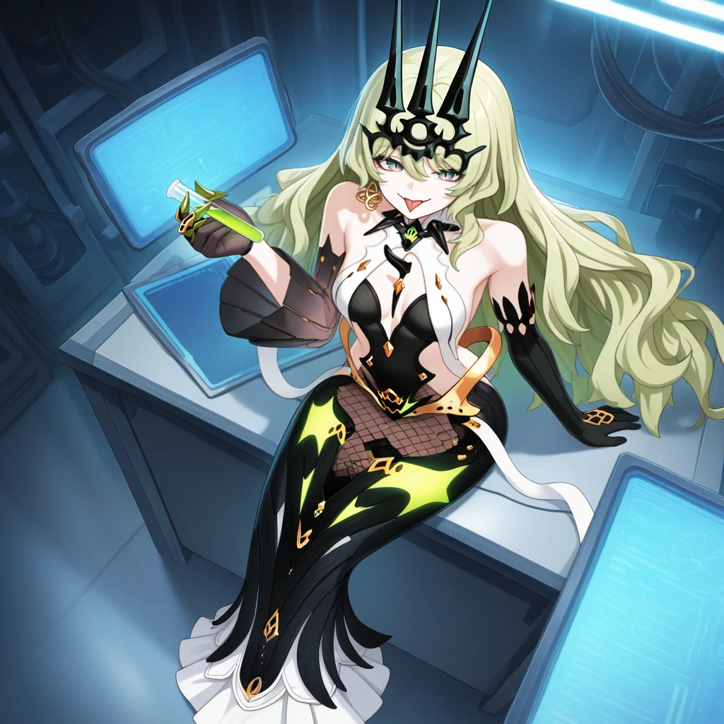 masterpiece, best quality, ultra-detailed, very aesthetic, detailed background, year 2023, very aesthetic, newest, scenery, highres, 4k, absurdres, 8k, colorful,vibrant, glowing, perfect face, 2d, perfect eyes, detailed eyes,
1girl, solo, laboratory, facility, ceiling light, futuristic background, vials, shelves, sitting on desk, full body, feet, full body, foreshortening, knees together, angled shot, from above, looking at viewer, forked tongue, tongue out, seductive evil smile, holding vial, raised hand, arm rest, Mobius, Mb_Def, wavy hair, gradient eyes, slit pupils, black crown, cleavage, side cutout, sideless leotard, black leotard, fishnet bodysuit, fishnet pantyhose, white halter top, chest cutout, chest spike, black pendant, single earring, black skirt, mermaid dress, skirt cutout, green trim, single detached sleeve, see-through sleeves, pleated sleeves, black gloves, asymmetrical gloves, green claw ring, single elbow glove, bare shoulders, black dress,