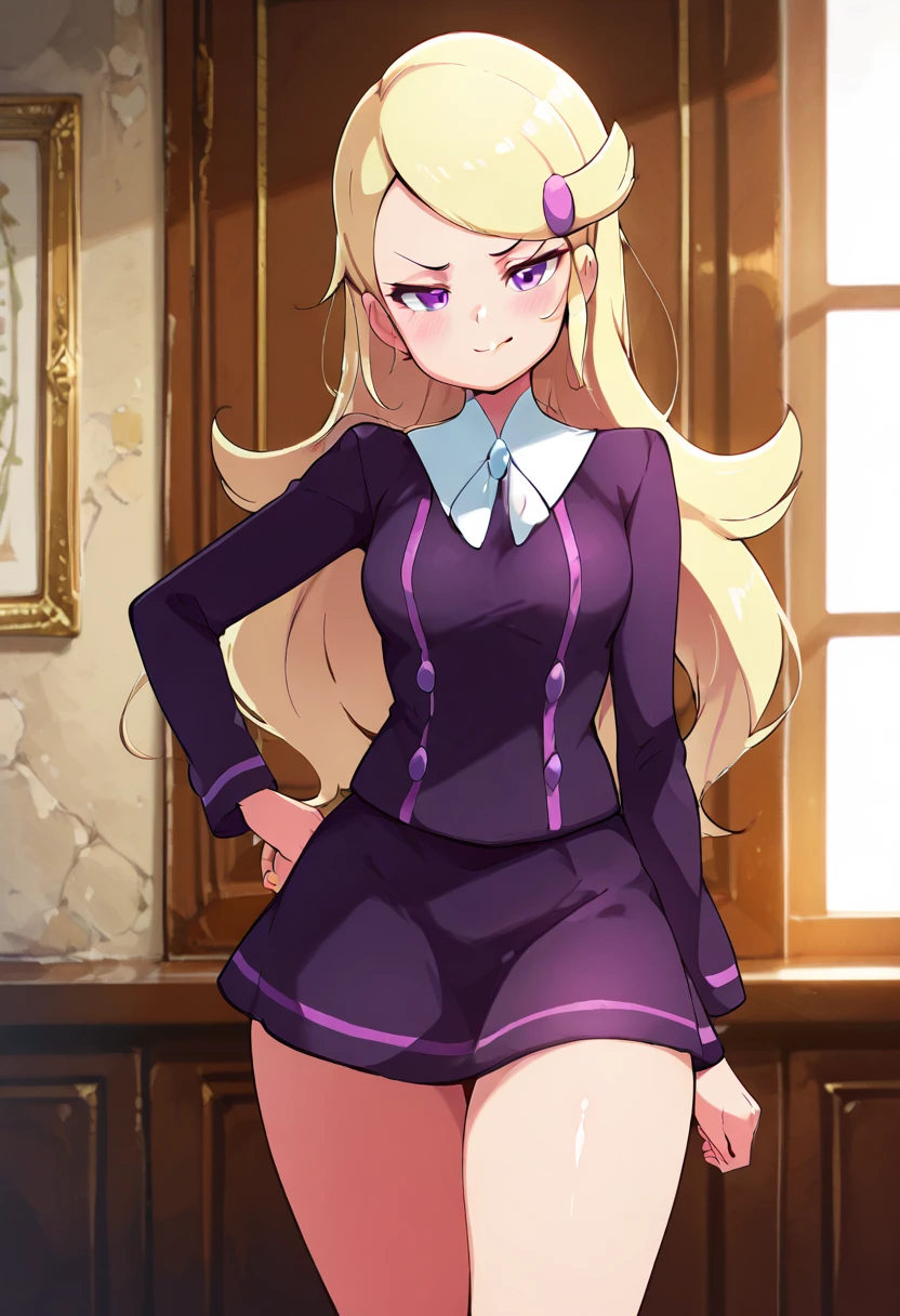 masterpiece, best quality, solo, curvy, beautiful eyes, zzAceXY, purple eyes, blonde hair, long hair, swept bangs, hair ornament, hairclip, long sleeves, purple skirt, purple shirt, , <lora:AceTrainerPokemonXY_IXL:1.0>,cowboy shot, hand on hip, smug, smile, looking at viewer, shiny skin,<lora:DiivesIXL:1.0>,