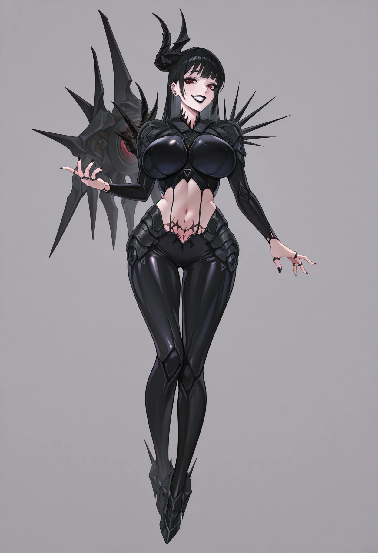 masterpiece, best quality, absurdres, highres, newest, 1girl, solo, <lora:behemoth-nikke-richy-v1_ixl:1> bhmth, red eyes, black hair, long hair, asymmetrical horns, black horns, ear piercing, mascara, eyeliner, large breasts, black bodysuit, impossible clothes, shoulder spikes, shoulder armor, navel cutout, pubic tattoo, navel, midriff, black nails, multiple rings, teeth, black lips, <lora:kenkoucross-artist-richy-v1_ixl:1> full body, simple background, mecha musume, looking at viewer, smile