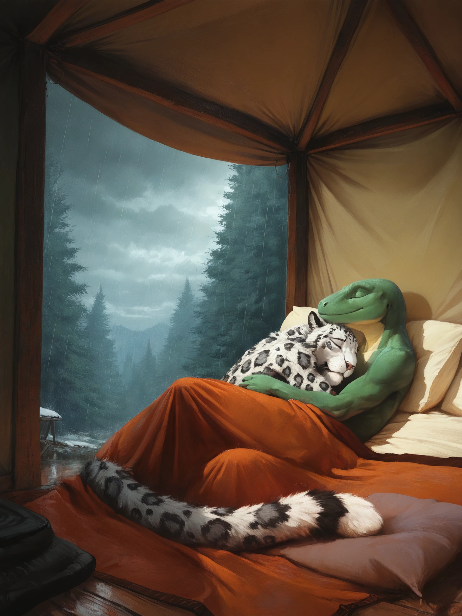 (masterpiece, best quality, very aesthetic, absurdres, artist:nomax) (shaded, inside tent, raining, cloudy sky, forest, oil painting \(medium\))
2boys, duo, lying, sleeping, embrace, nude, snow leopard, reptile, white fur, green skin, blanket, pillow <lora:Nomax Style Ill V2:1>